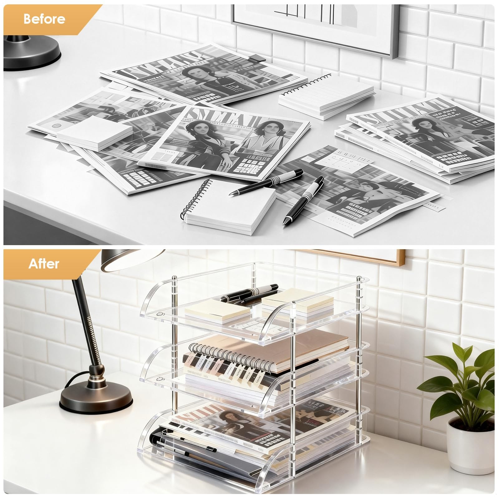 Desk Organizer and Storage,3-Tier File Paper Tray Organizers,Stackable Clear …