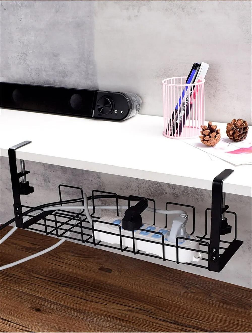 Under Desk Cable Management Tray Metal Wire Organizer Rack No Drill Storage