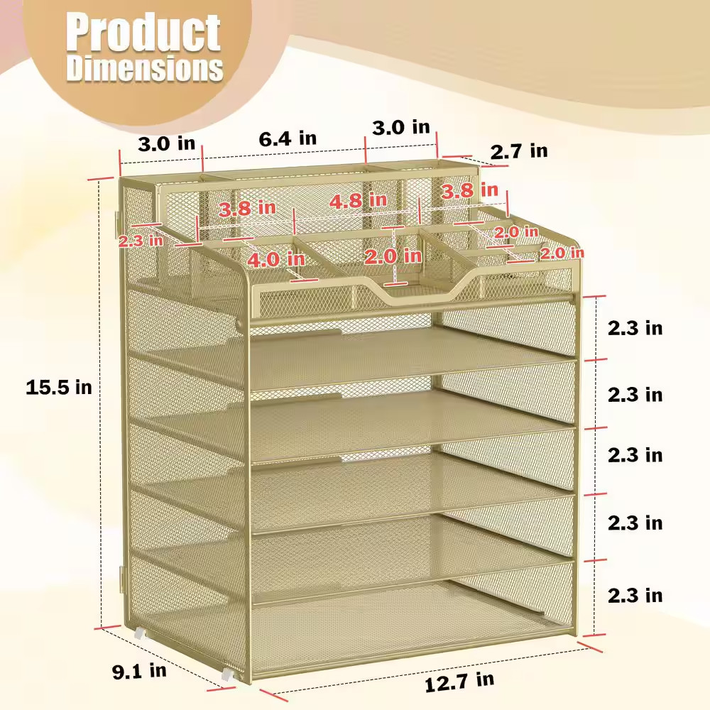1-Pack Gold Yellow Mesh Desk Organizer 6-Tier Adjustable Letter Tray with 3 Pen