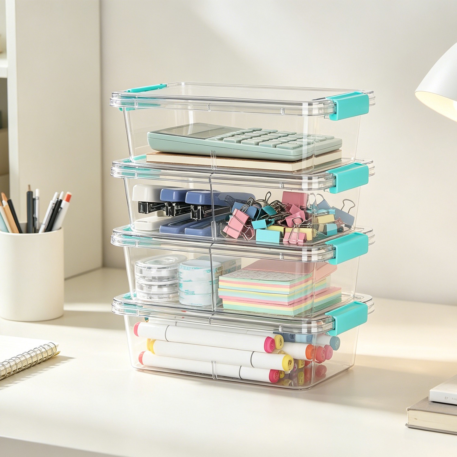 4 Pack 1.5Qt Clear Pencil Box, Plastic Pencil Holder with Removable Divider