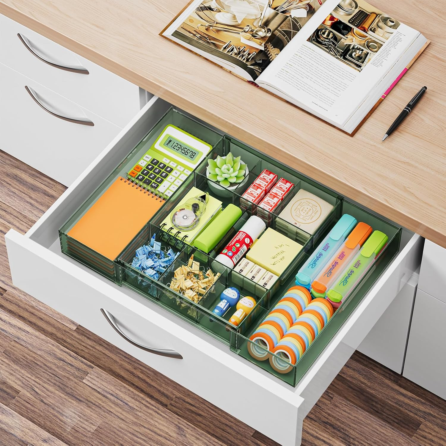 Expandable Desk Drawer Organizer, Clear Plastic Drawer Organizer Tray with 10 Ad