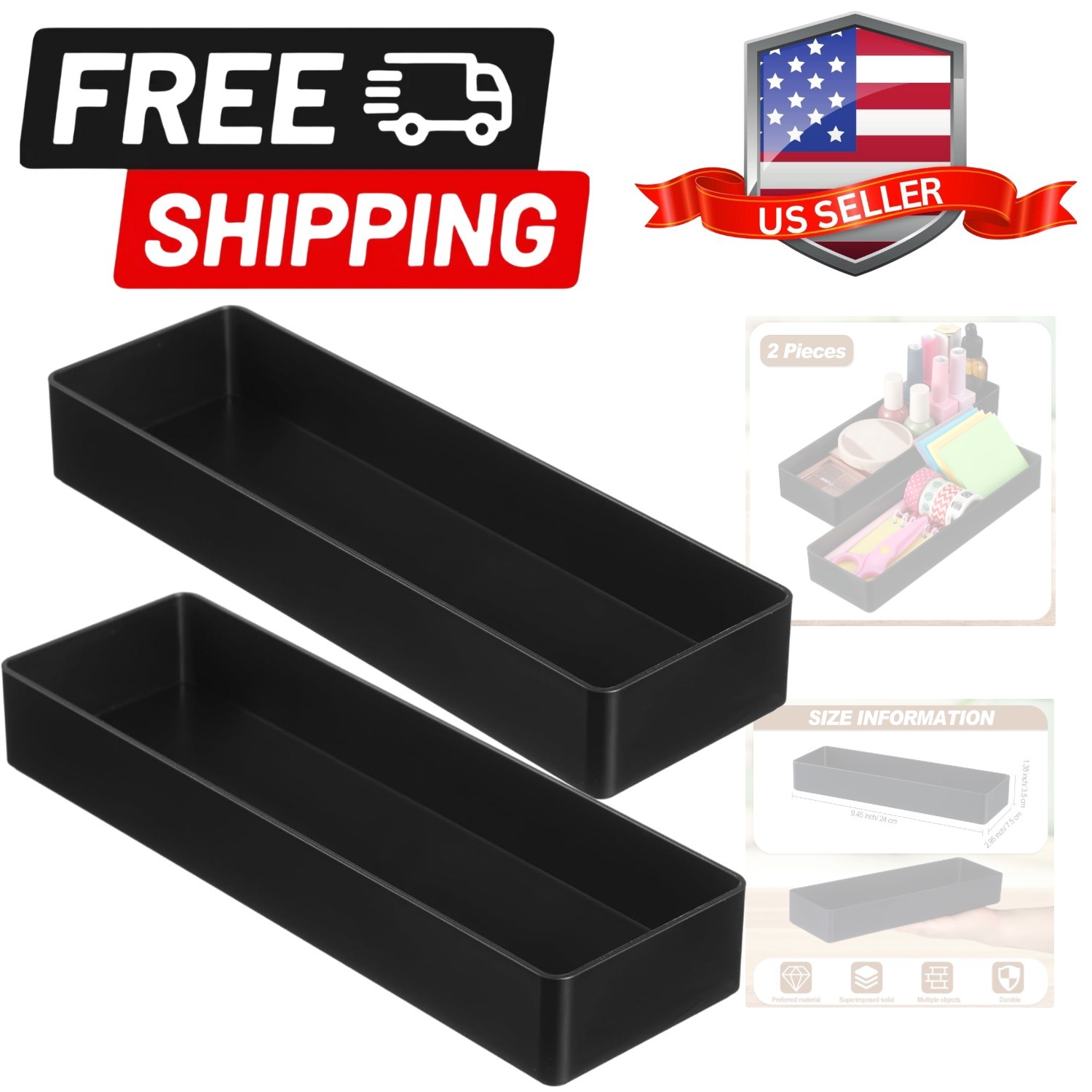 2 Pcs Black Large Rectangular Desk Organizer Set, Half Accessory Tray, Plasti…