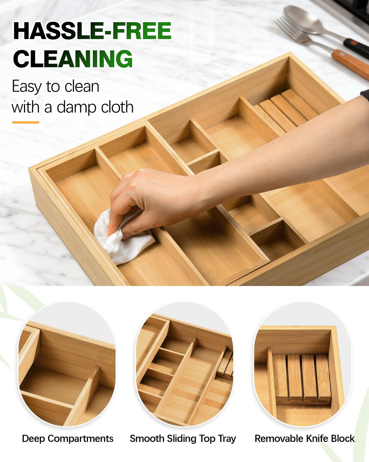 HULISEN Double Layer Bamboo Utensil Drawer Organizer, 2 Tier Silverware Wood