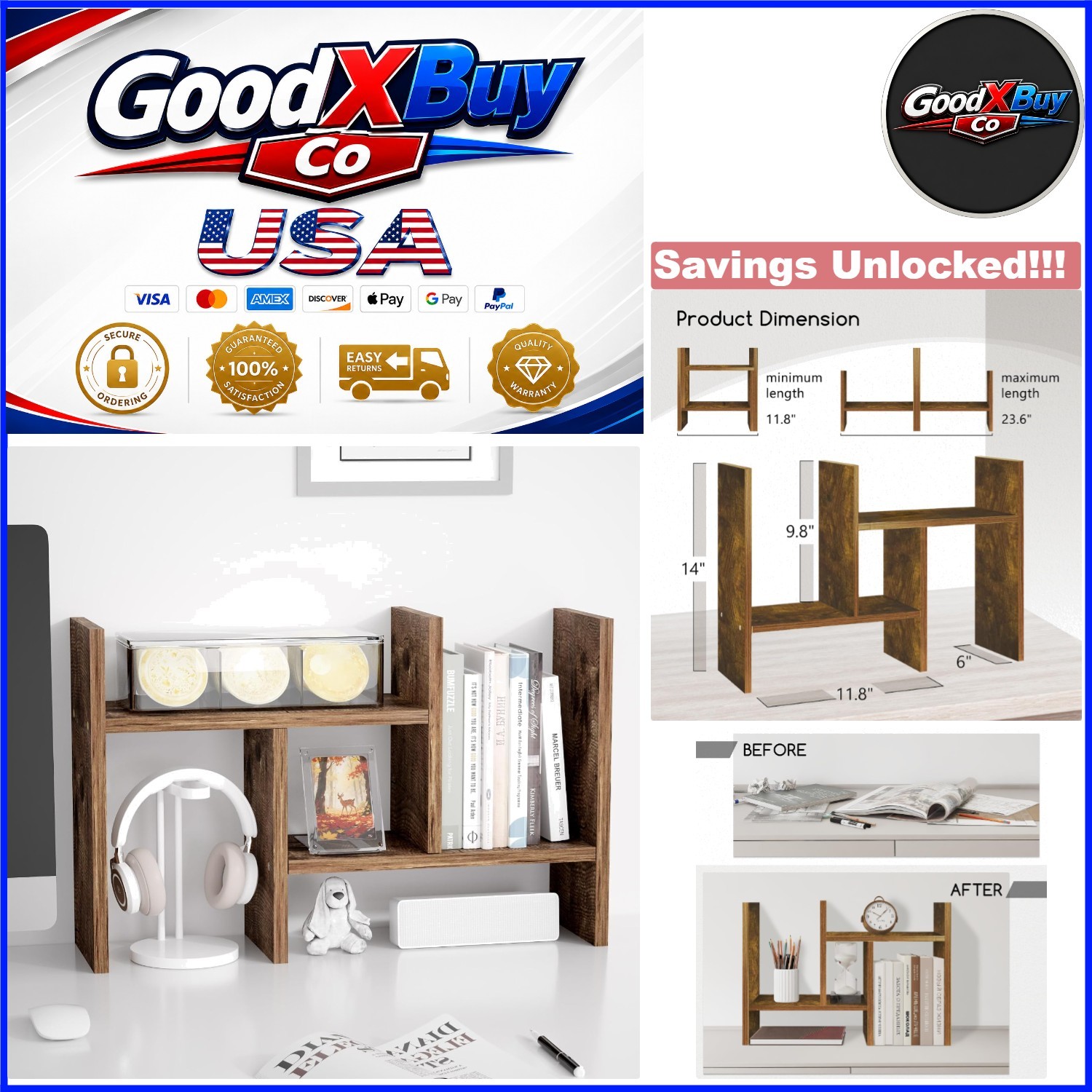 Office Desk Organizer Wooden Adjustable Double H Shelf Natural Finish