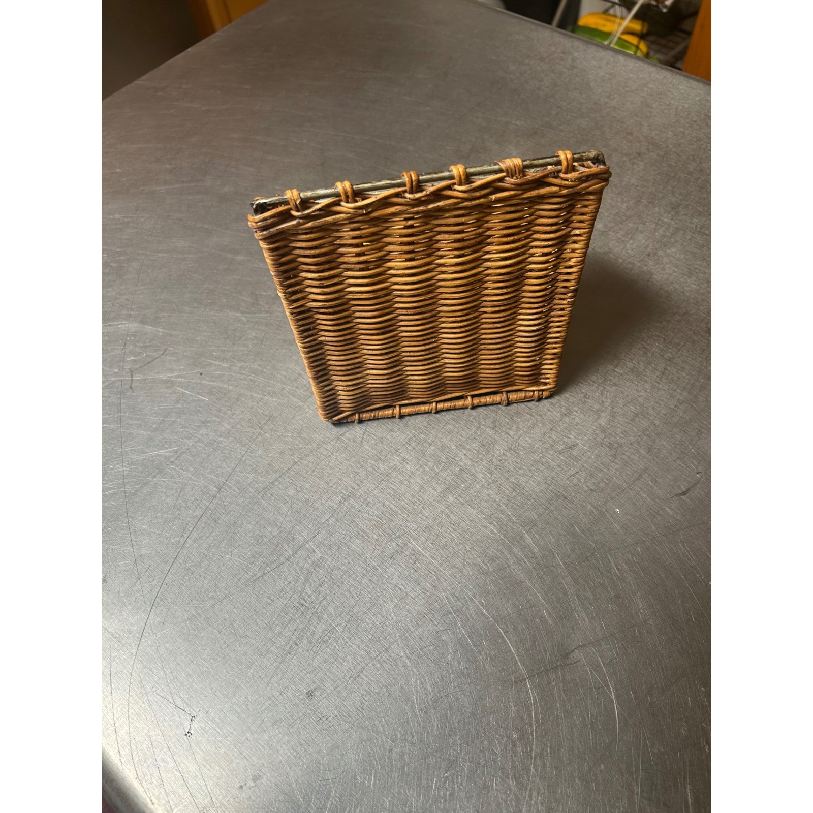Vintage Wicker Desk Organizer Letter Holder Two Tier Metal Frame Brown Rustic