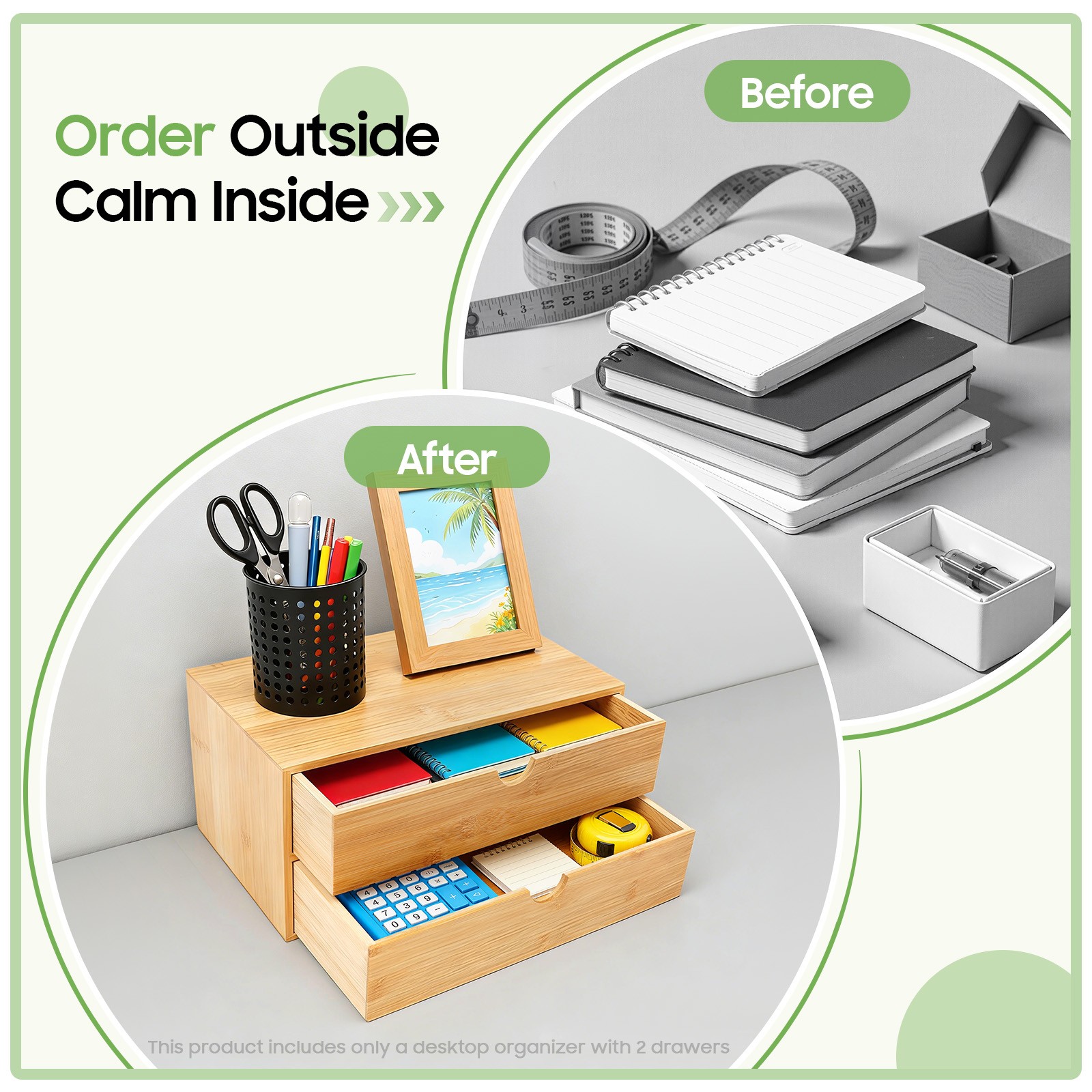 Bamboo Desk Organizer -Tabletop Mini Bamboo Desk Drawer Storage Box w/ 2 Drawers