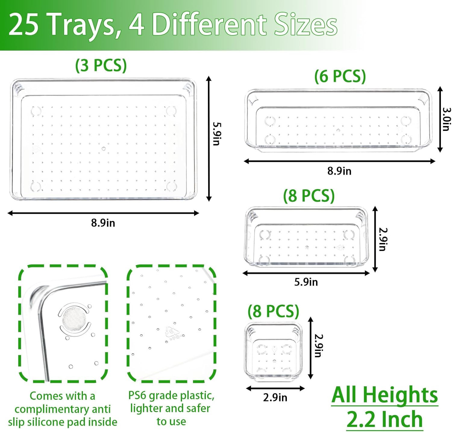 25Pc Clear Plastic Drawer Organizer Set 4 Sizes for Kitchen Office Bathroom
