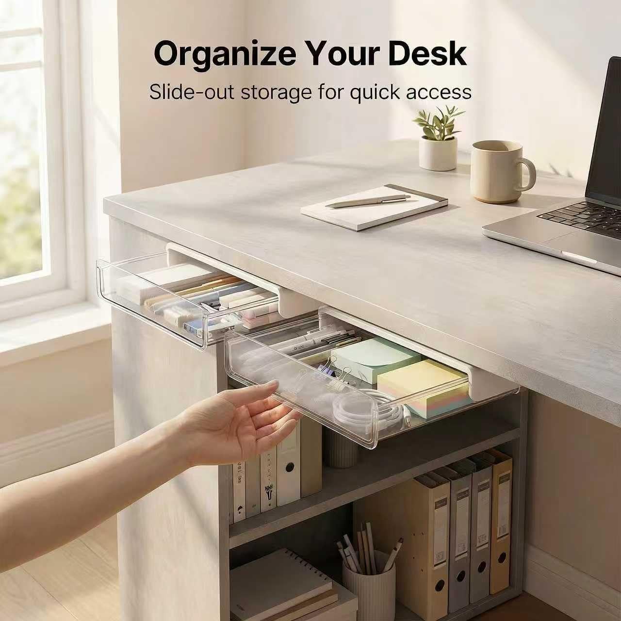 2 PCS White SelfAdhesive Under Desk Drawer Large Slide Out Hidden Tray