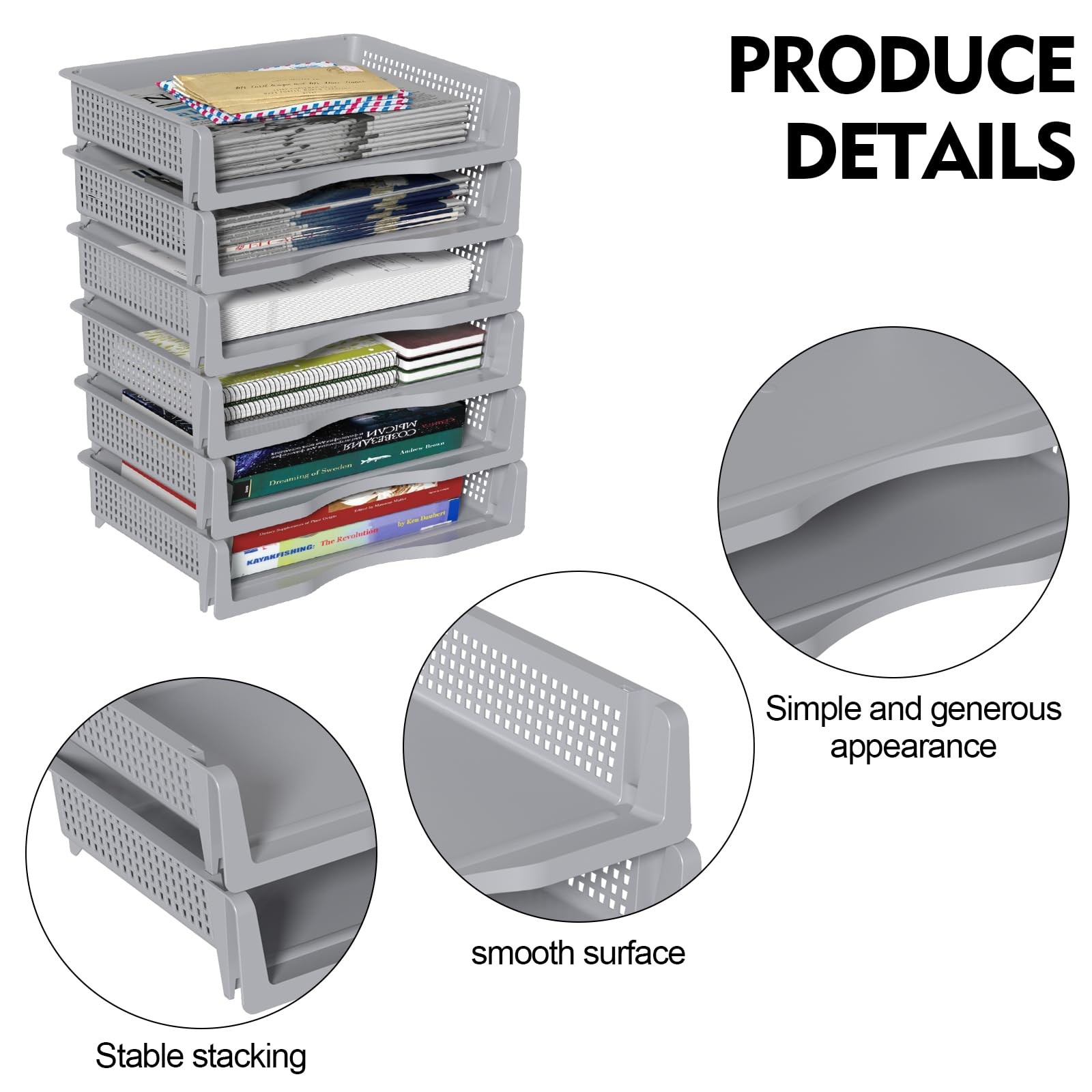 6 PCS Grey Office Desk Tray Organizer Stackable Paper Letter Storage Baskets