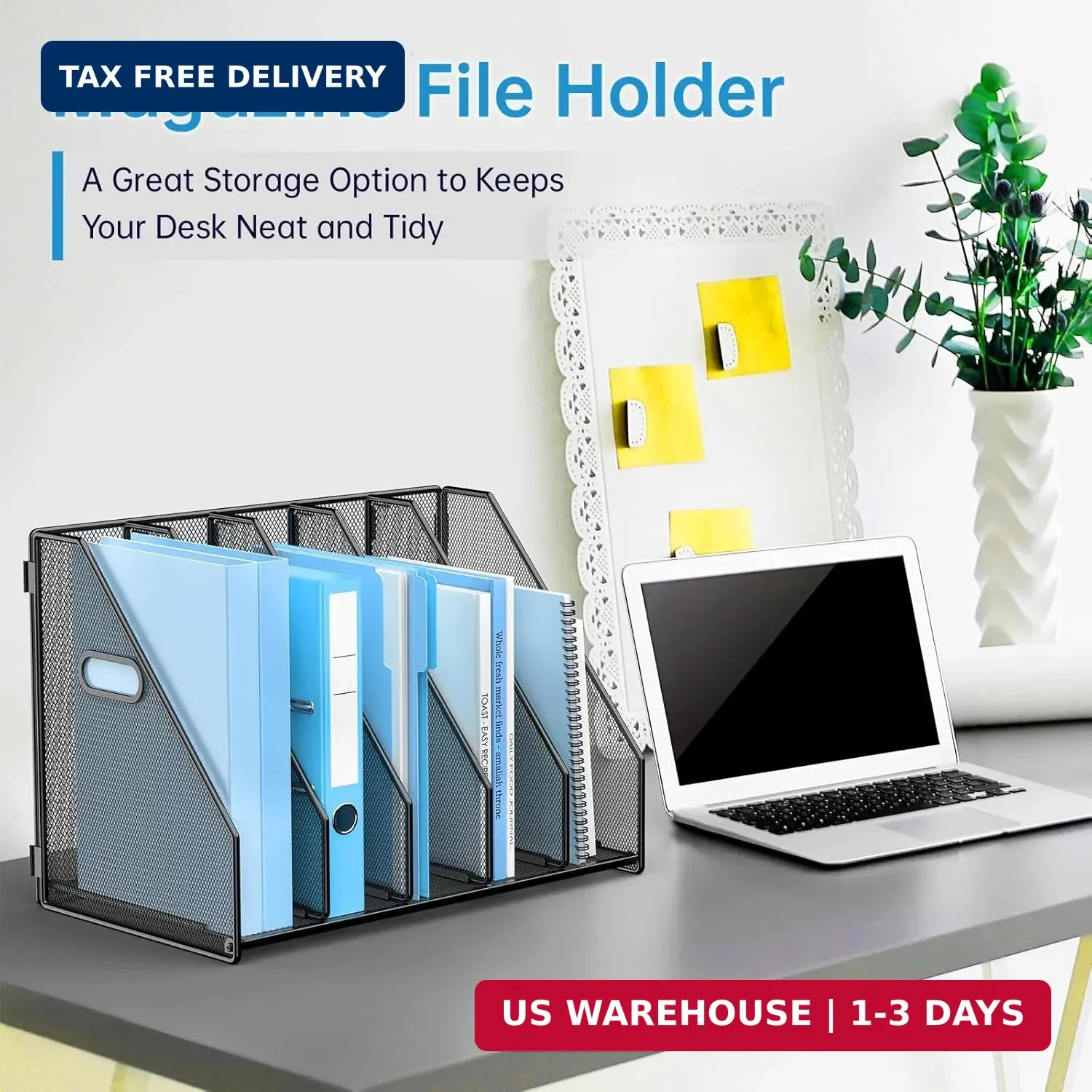 MINDEPOT Desk File Organizer Metal Desk Magazine Folder Holder with 5 Vertical C