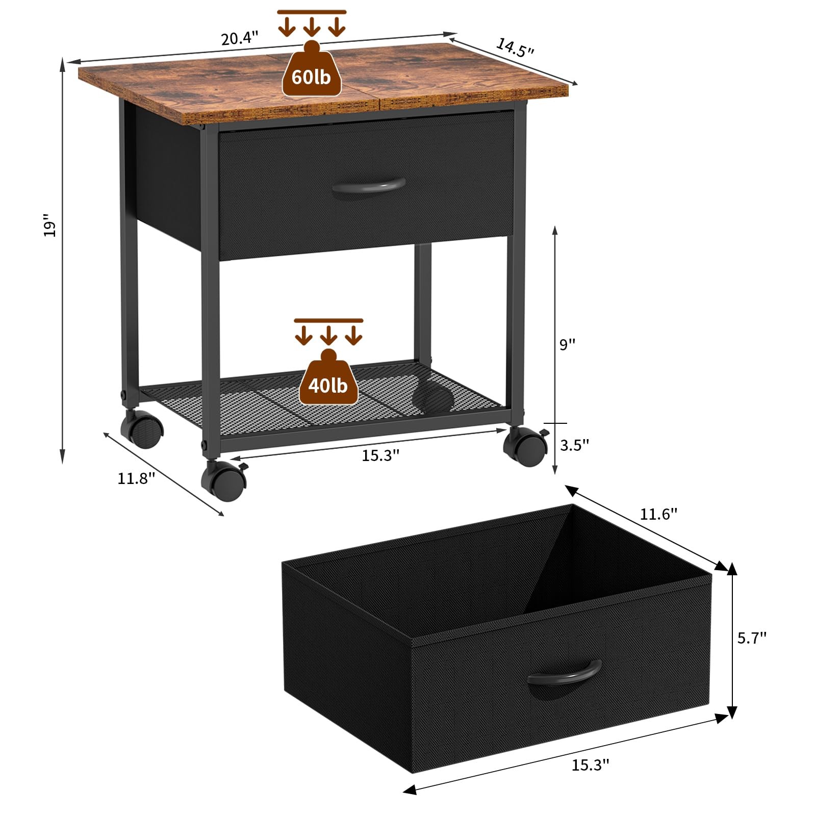 DAOUTIME 2-Tier Printer Stand with Storage Drawer, Under Desk Rustic Brown