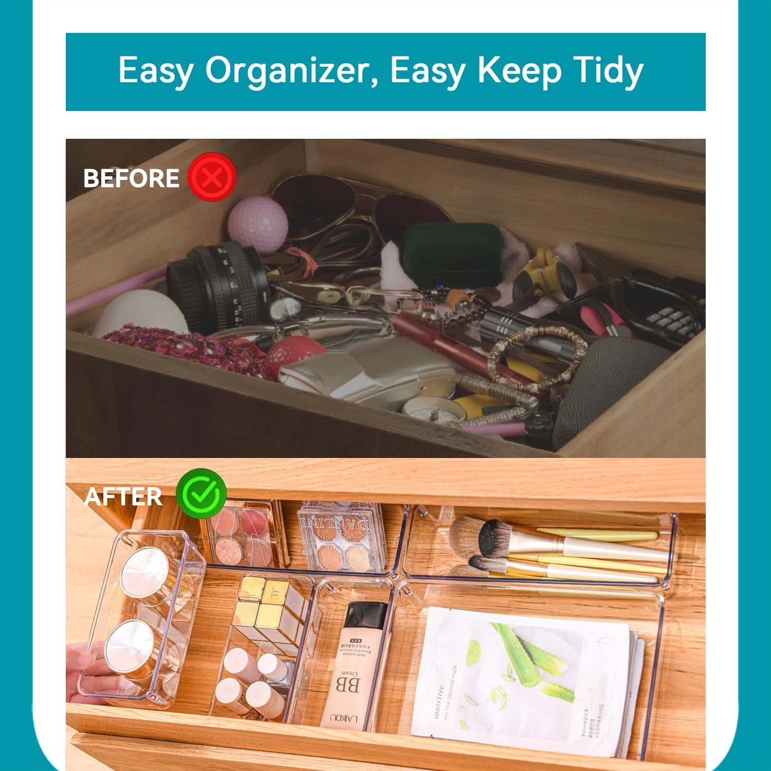 6 Pack Plastic Drawer Organizers Set,3-Size Kitchen and Office Desk Drawer Or…