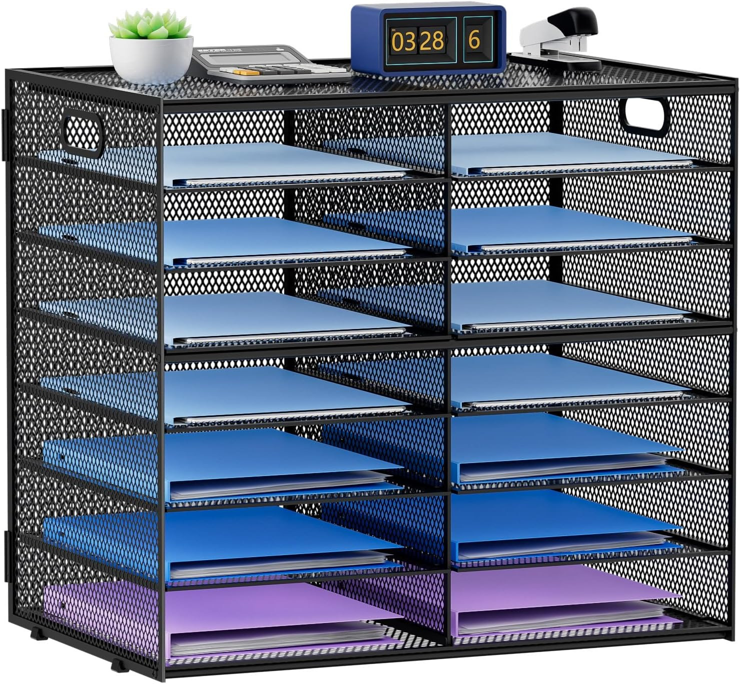 14-Compartment Mesh Desk Organizer with Handle – Black Mail Sorter Tray