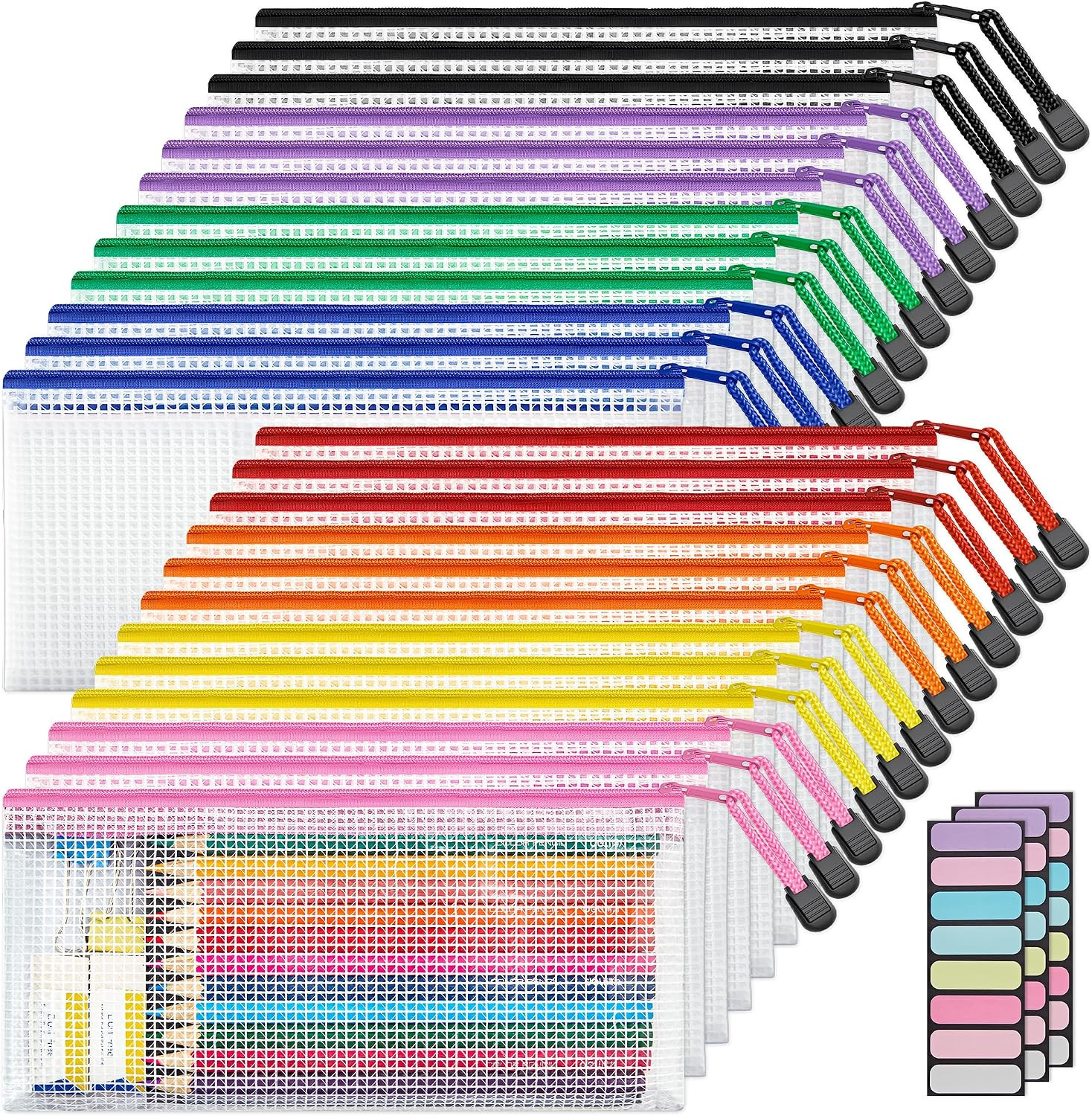 JARLINK 24 Pack A6 (9.3 × 4.0 in) Mesh Zipper Pouch Bags, Waterproof Pencil Pouc