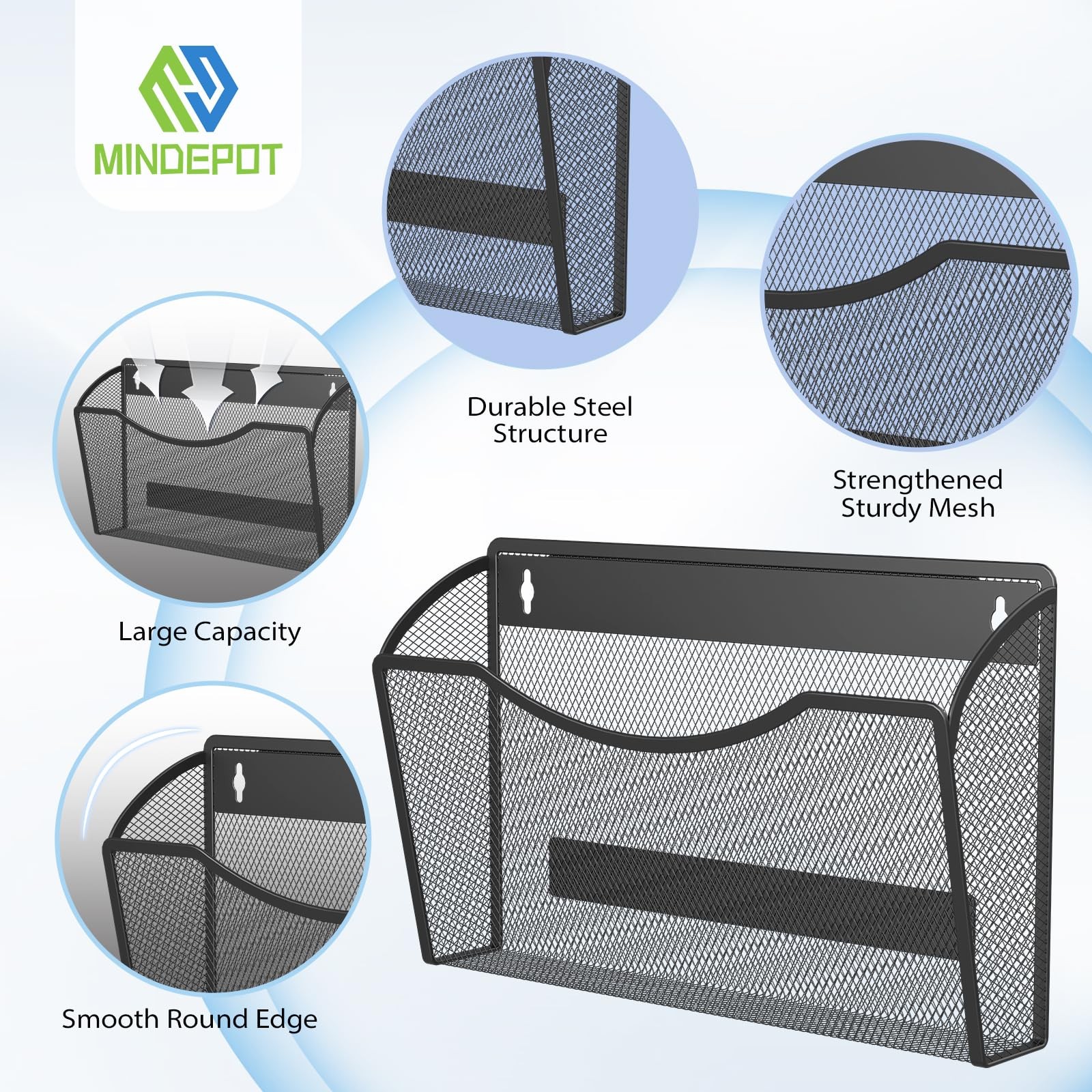MINDEPOT Magnetic Wall File Organizer,Hanging 3Pack Magnetic, Black