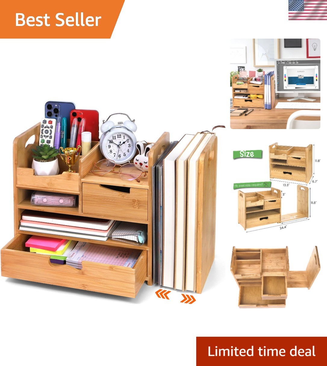 Space-Saving Bamboo Desktop Organizer with Adjustable Compartments & Drawer