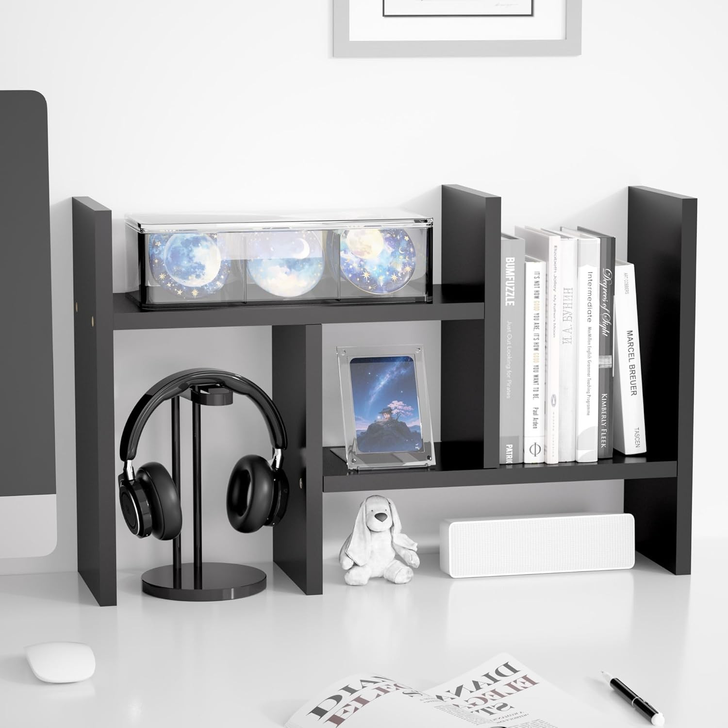 Wood Desktop Organizer Office Shelf Adjustable Double H Mini Bookshelf
