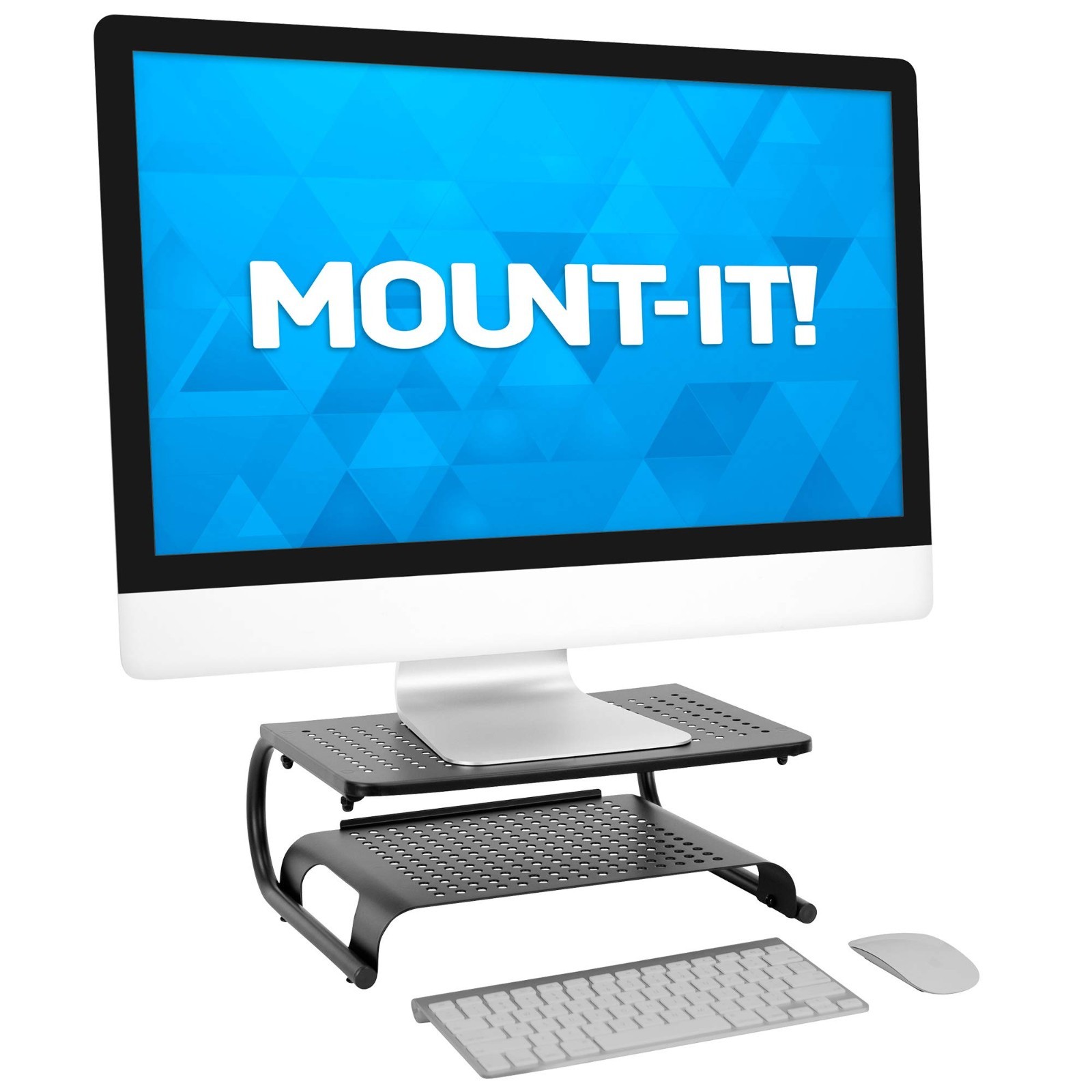 2 Tier Desk Organizer Riser | Computer Monitor Stand with Keyboard Storage Shelf
