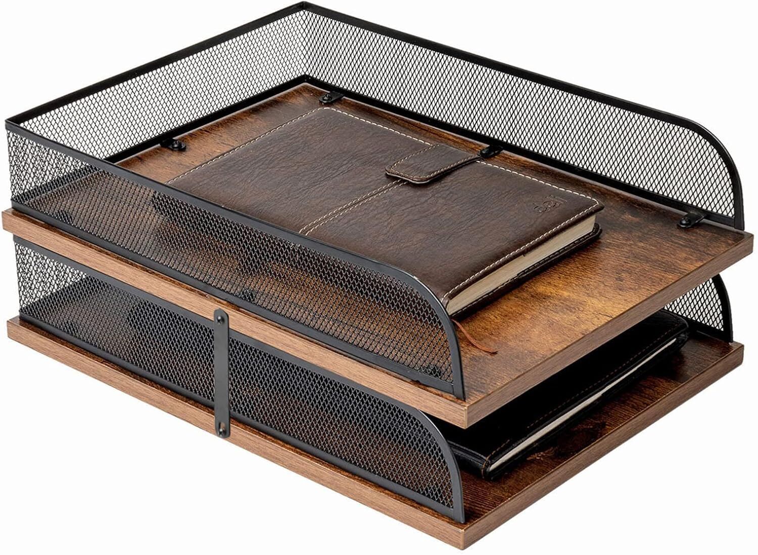 Set of 2 Vintage Wood & Metal Letter Tray，Desk Organizers Paper Tray，Office F…
