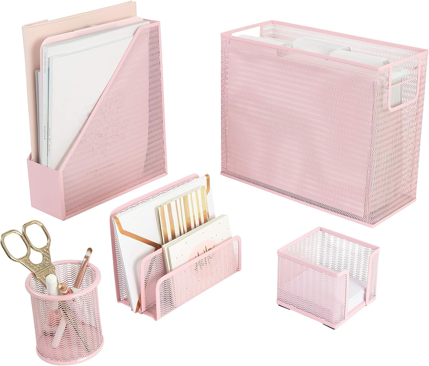 Pink Metal Desk Organizer Set – 5 Piece Office Accessories