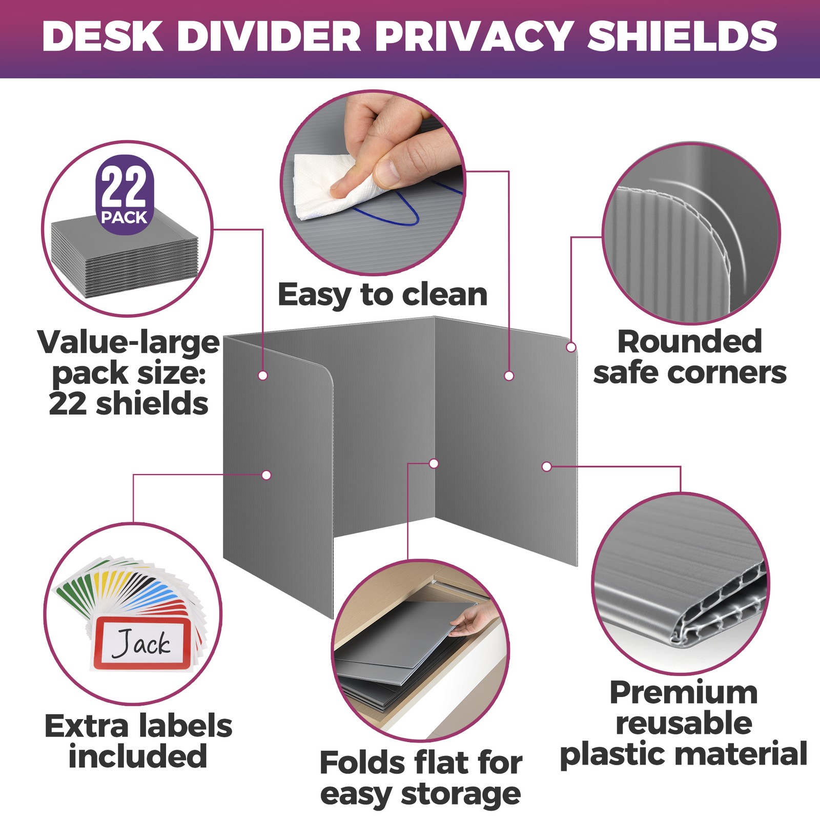 22-Pack Desk Dividers for Students – Waterproof & Durable Plastic Divider, Grey