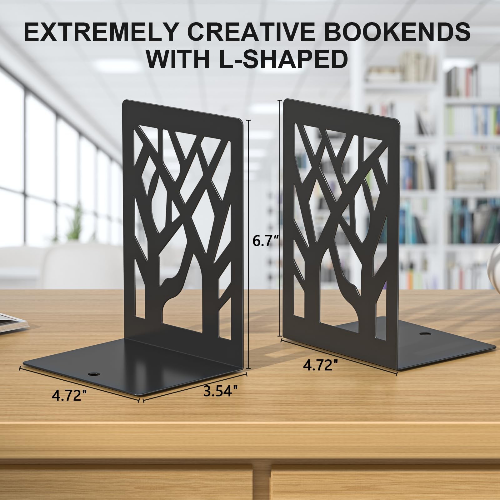 ALOTCHE Bookends 4 Pieces, Tree Design Modern Metal Black 4 Pieces