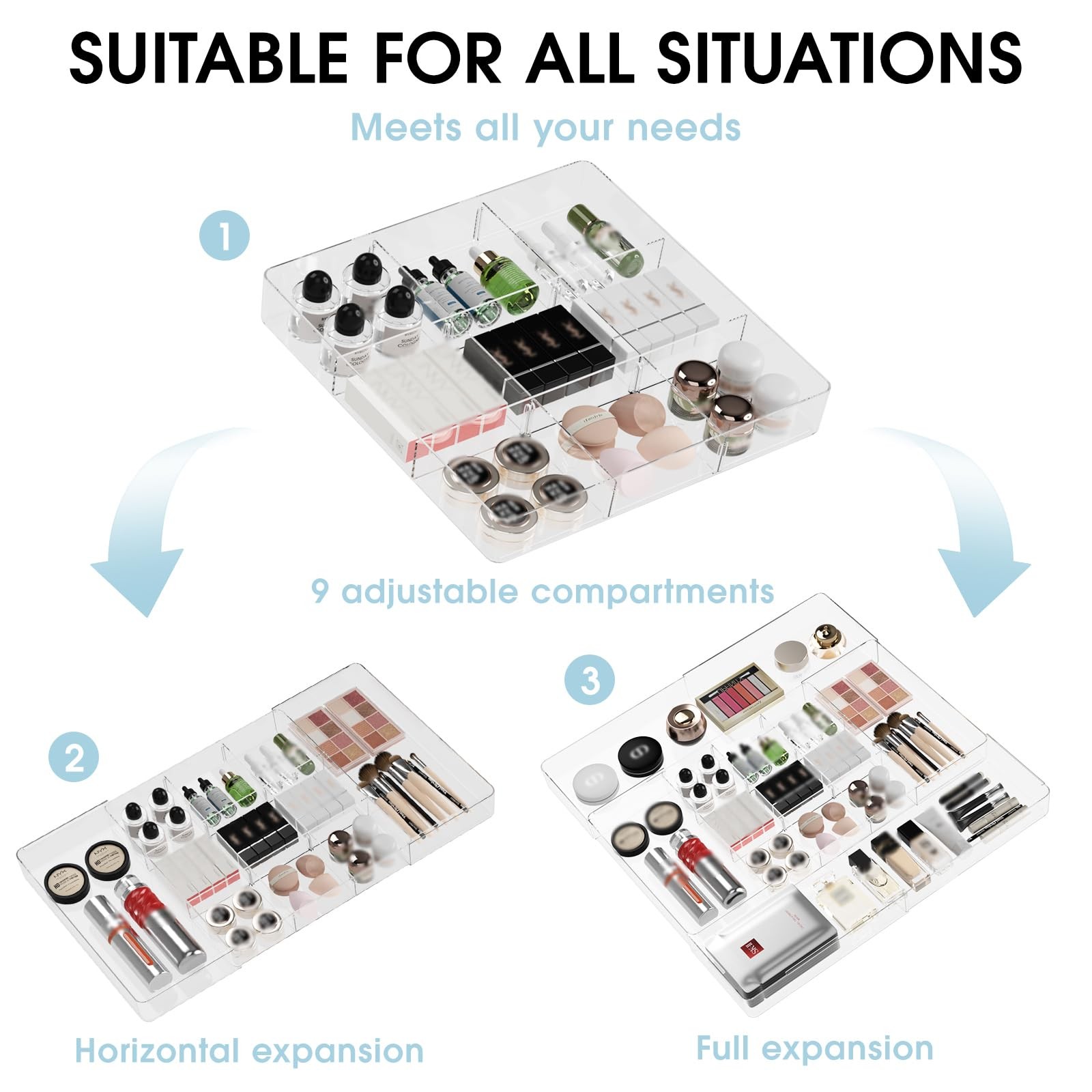 MIUOPUR Expandable Drawer Organizer, Width (10.6″-20.1″) Depth Clear