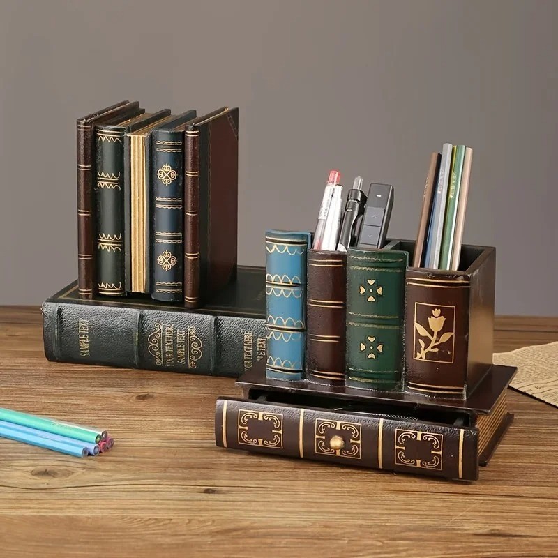 Vintage Wooden Pen Holder Desk Organizer Storage Box Office Home Decor