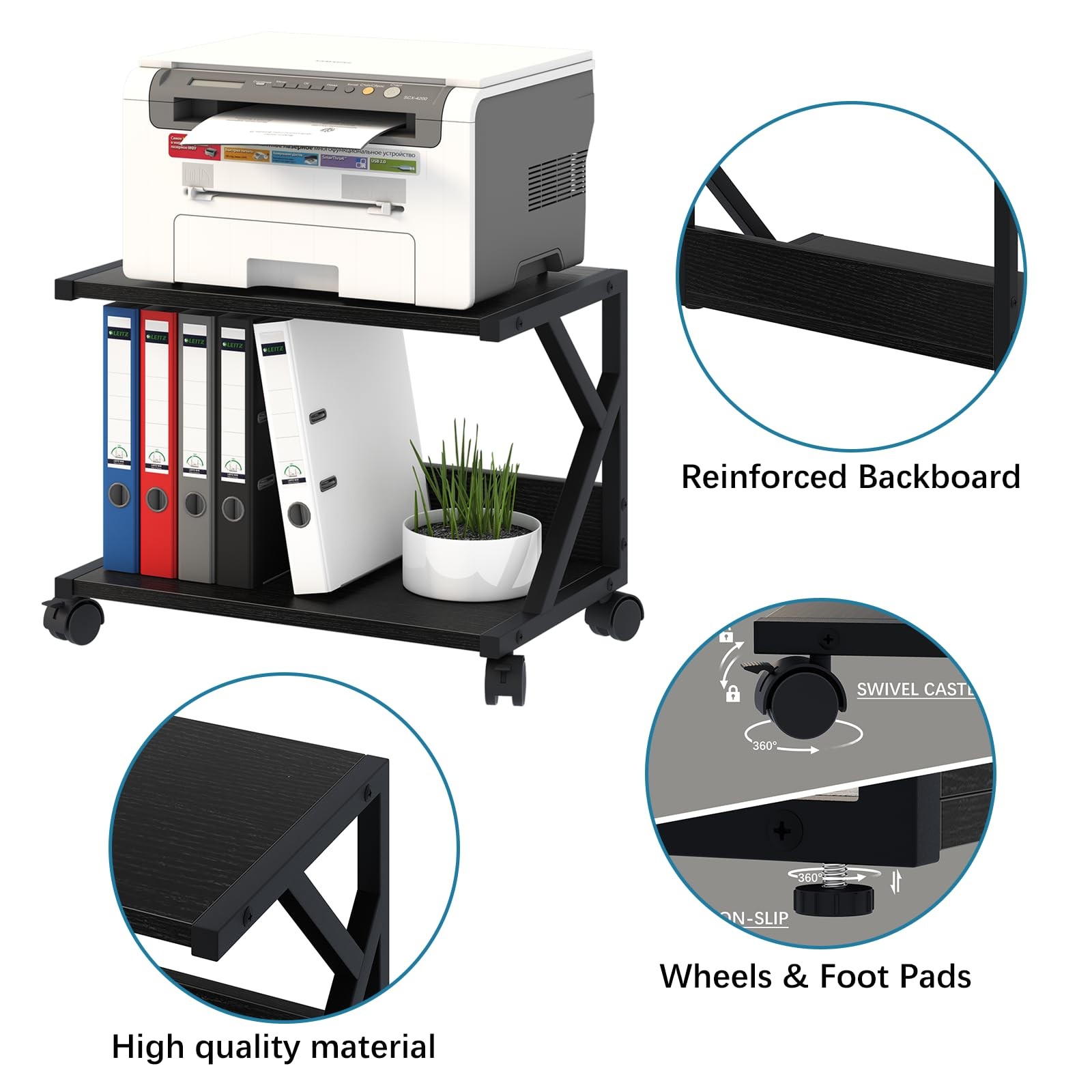 aboxoo Desktop Printer Stand with 2 Tier Wood Storage 2-Tier, Black