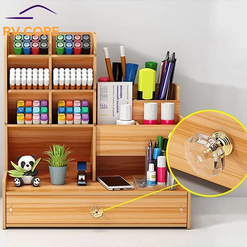 Wooden Desk Organiser — DIY Desktop Tidy, Large Pen Holder with Drawer Home/Off