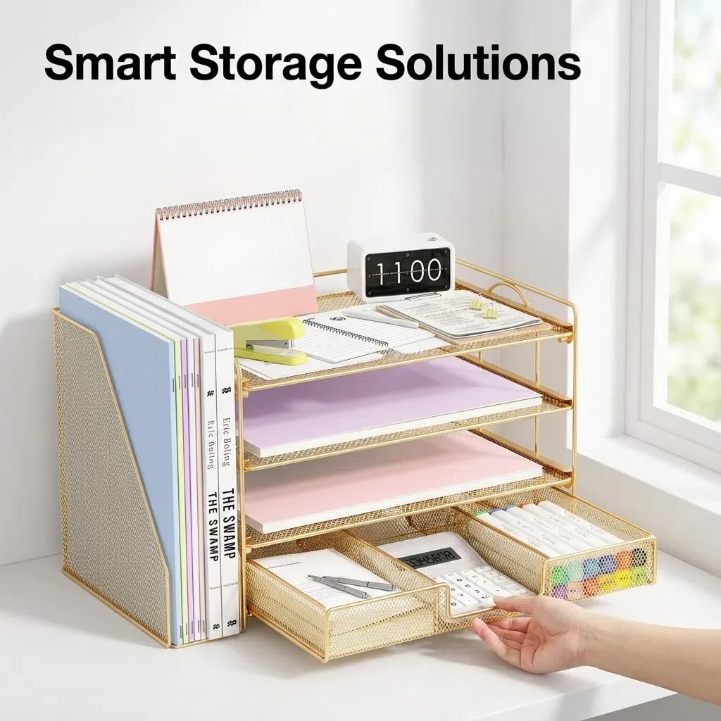 OPNICE File Desk Organizers and Accessories – Paper Letter Tray Medium, Gold