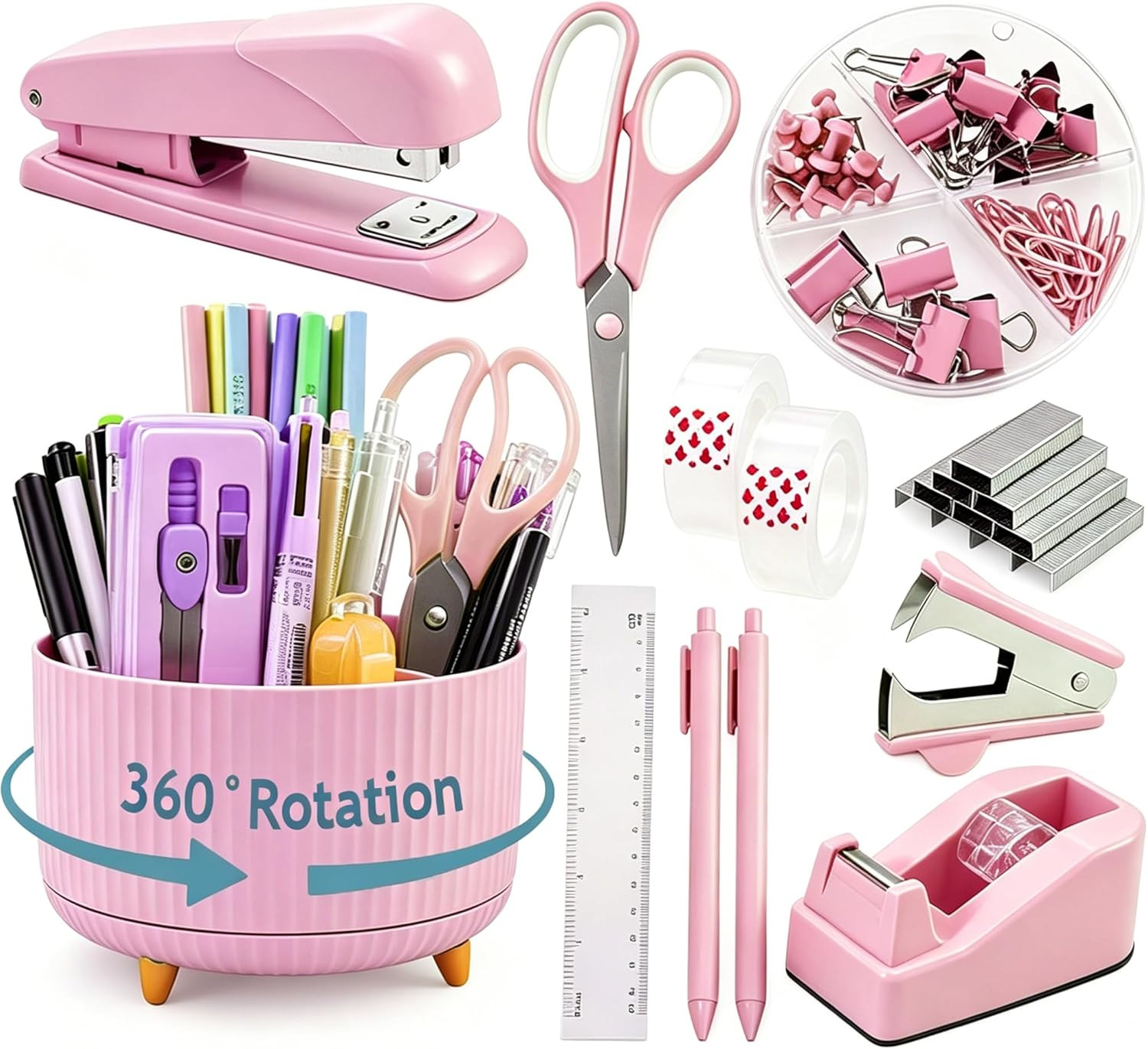 Pink Desk Organizers and Accessories with Desk Organizer 360° Rotating Pen Holde