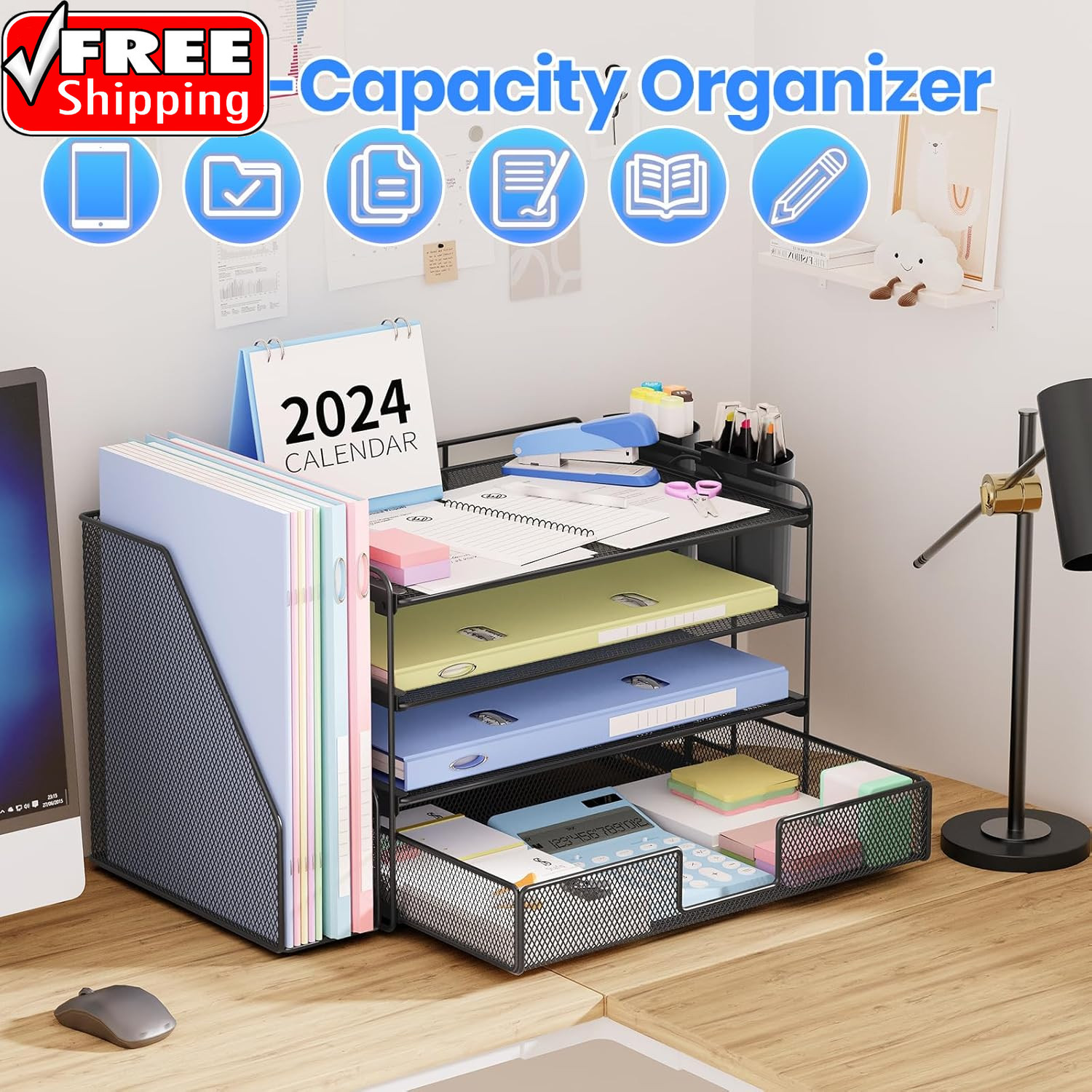 Desk Organizer, 4-Tier Desktop File Organizer with Drawer and 2 Pen Holders, Off
