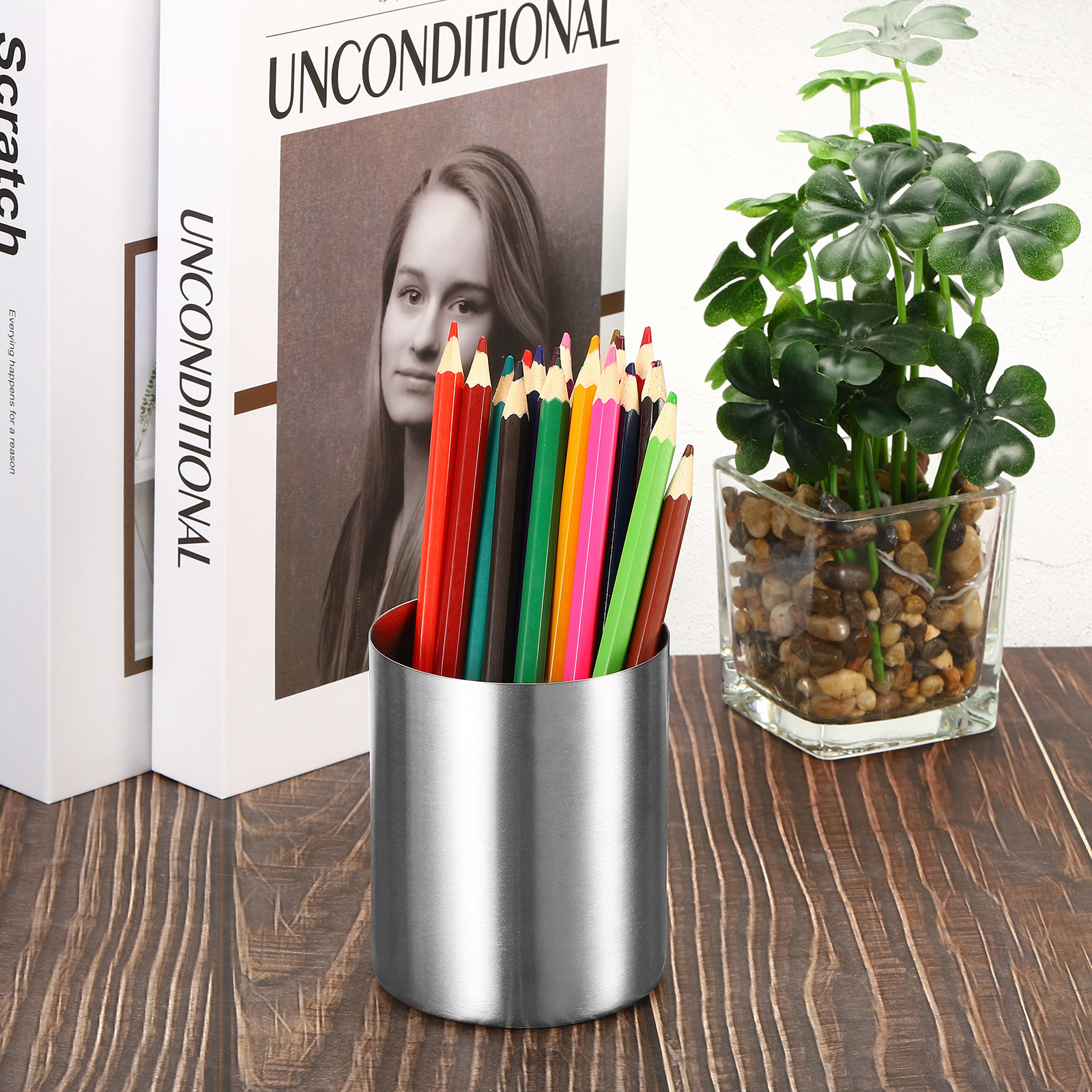 Pencil Holder Pen Holder for Desk Stainless Steel Pencil Holders Cup, Silver