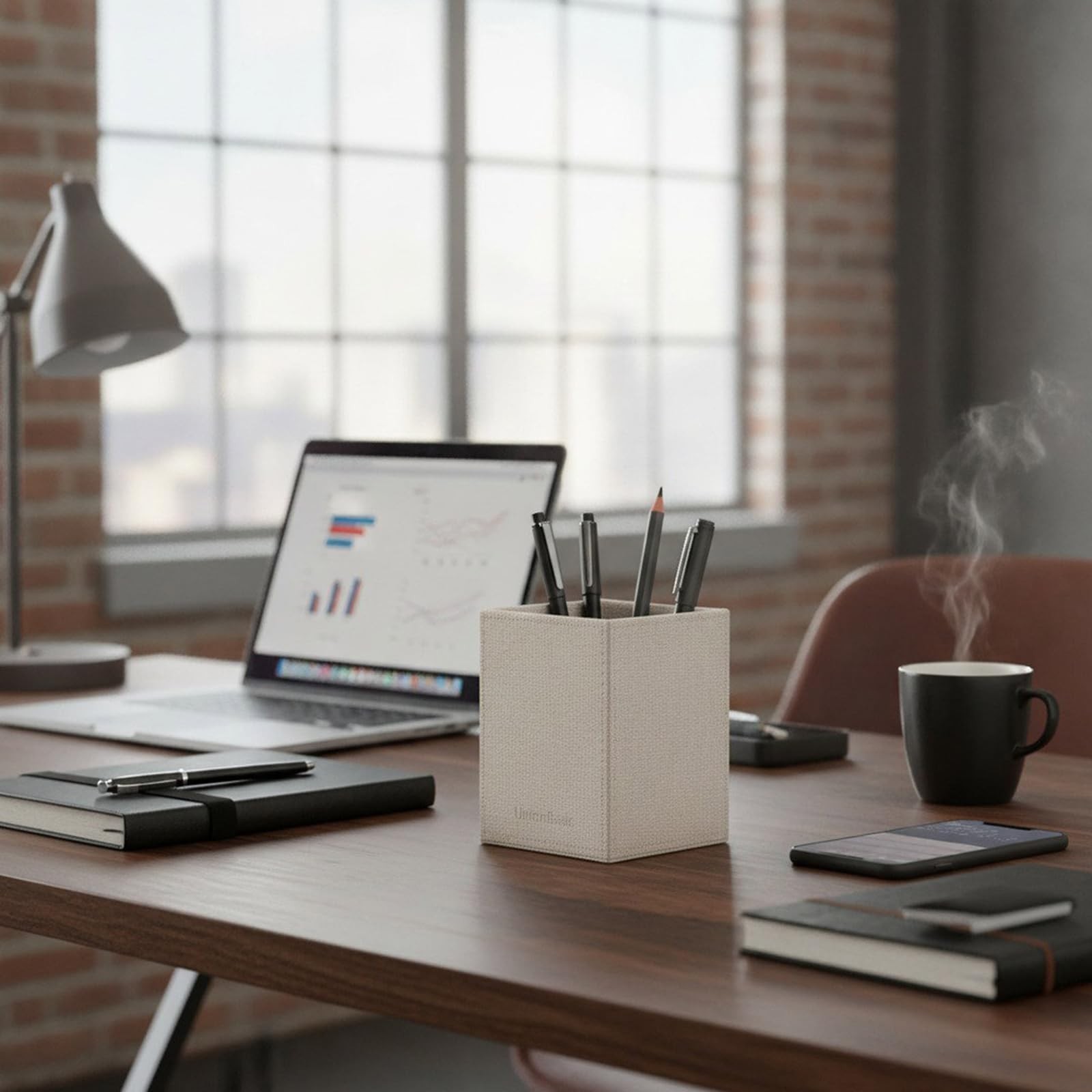 UnionBasic Square Pen Holder, Leather Pencil Cup, Desktop Caddy Beige
