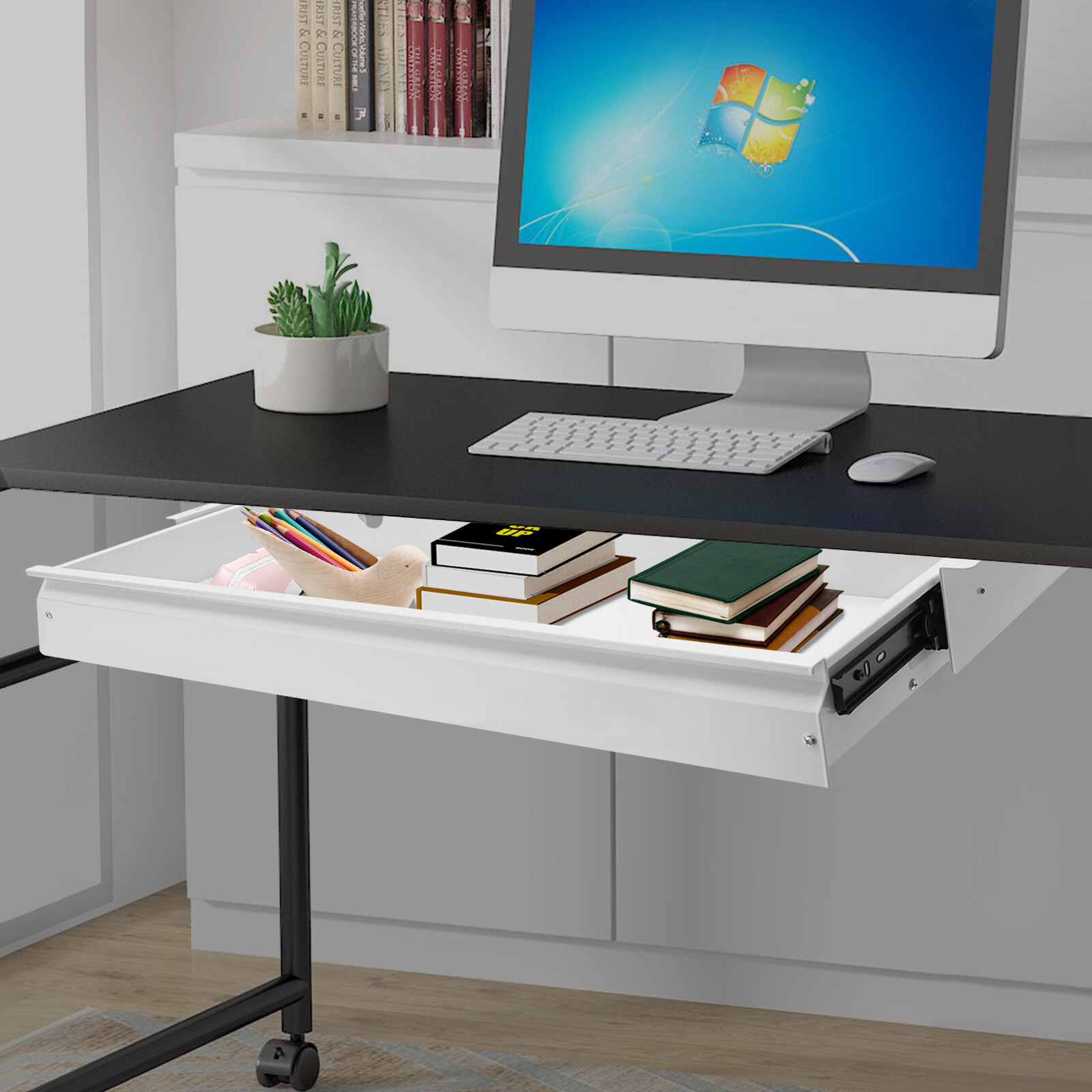 Under Desk Sliding Pull-Out Drawer White 33.3 × 9.2 In Mount For Sit-Stand Desk