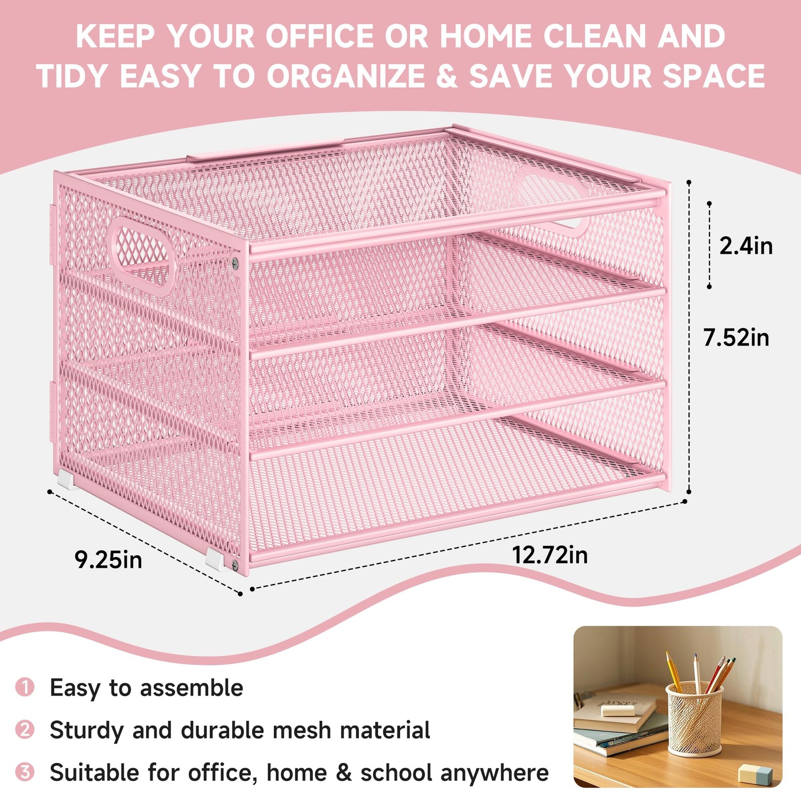 Paper Letter Tray Organizer Desk Pink Metal Mesh File Sorter 2 Sliding Trays