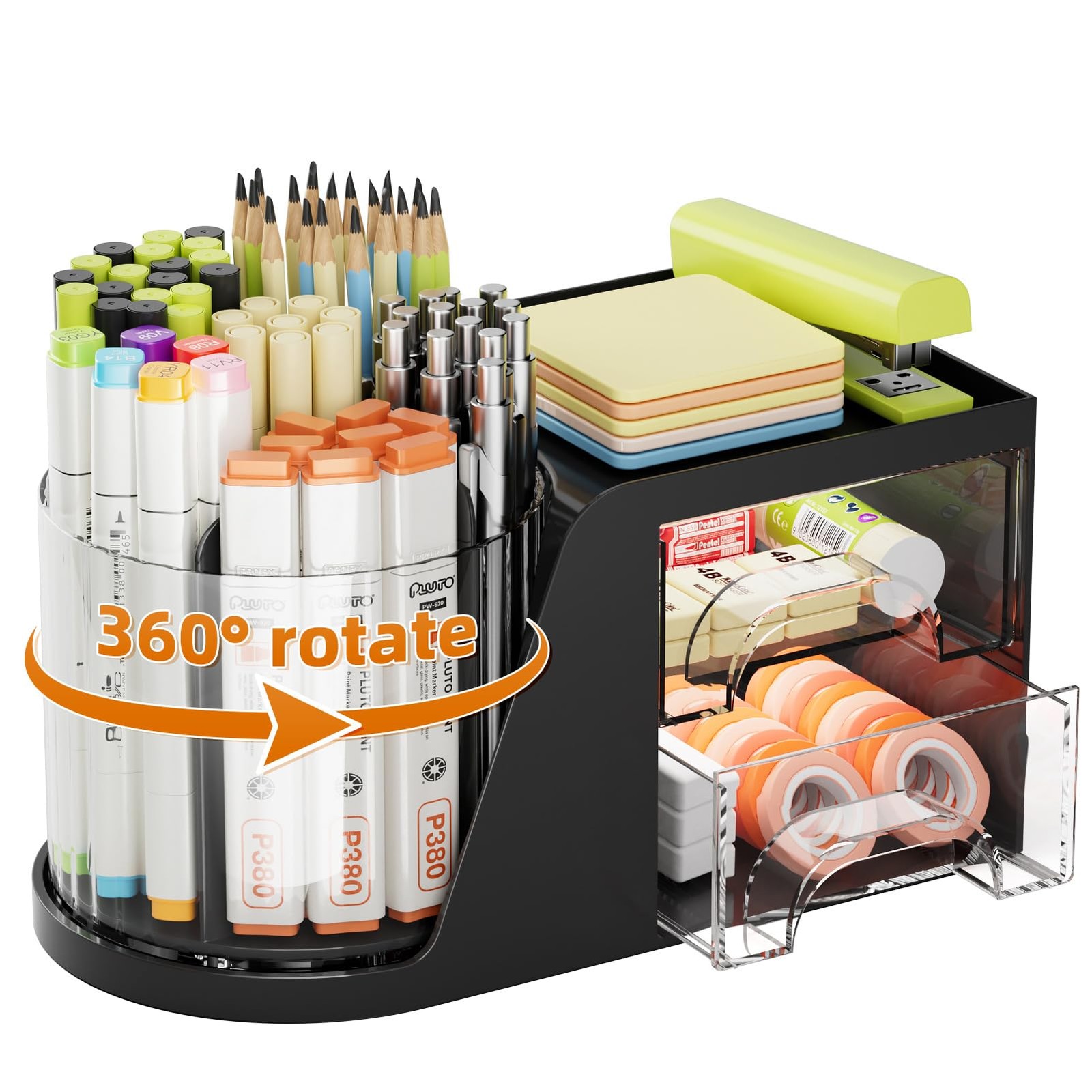Marbrasse Desk Organizer with 2 Drawer, 360°Rotating Pen Holder, Desk Organiz…