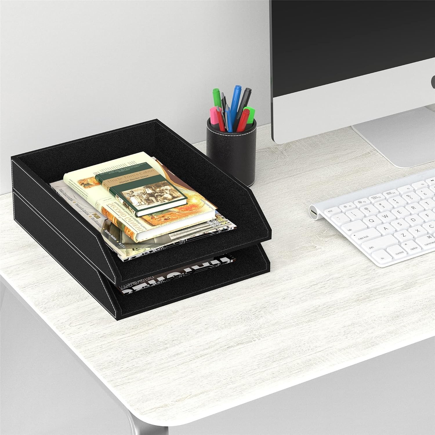 Elegant Black Leather Letter Tray – Stackable Desk Organizer for Office Supplies