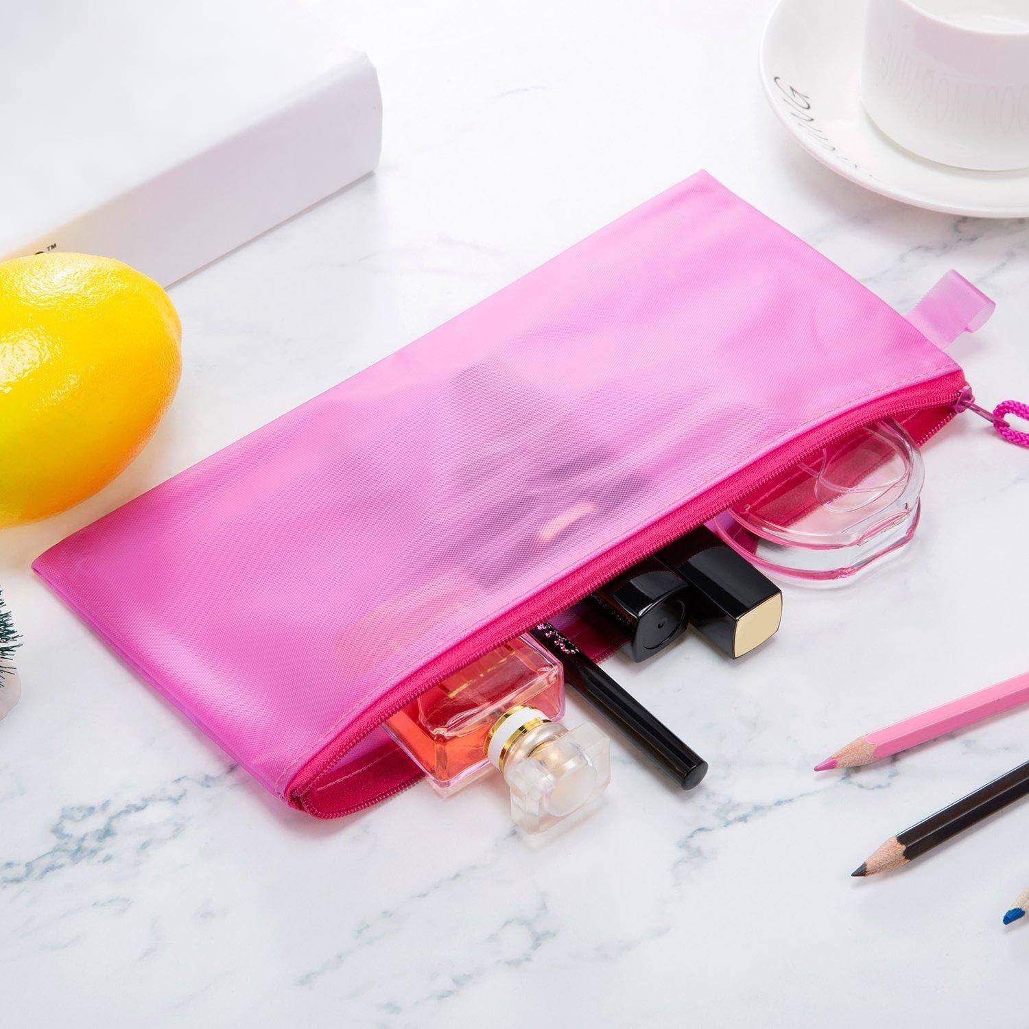 12 Pieces 6 Colors Pencil Pouch Zipper File Bags Waterproof Plastic Double Layer