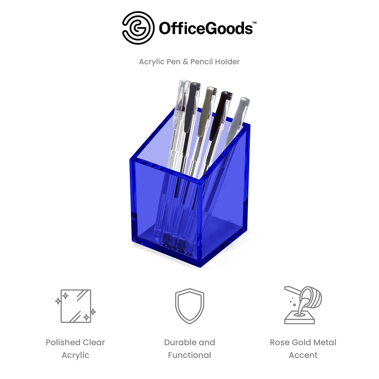 OfficeGoods Acrylic Pen & Pencil Holder – Modern Trapezoid Design – Blue
