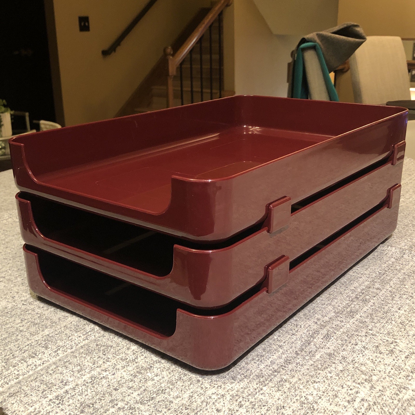 VTG 80s TENEX 200 Class Stacking Legal Size 3 Tier Office Desk Tray Set Burgundy