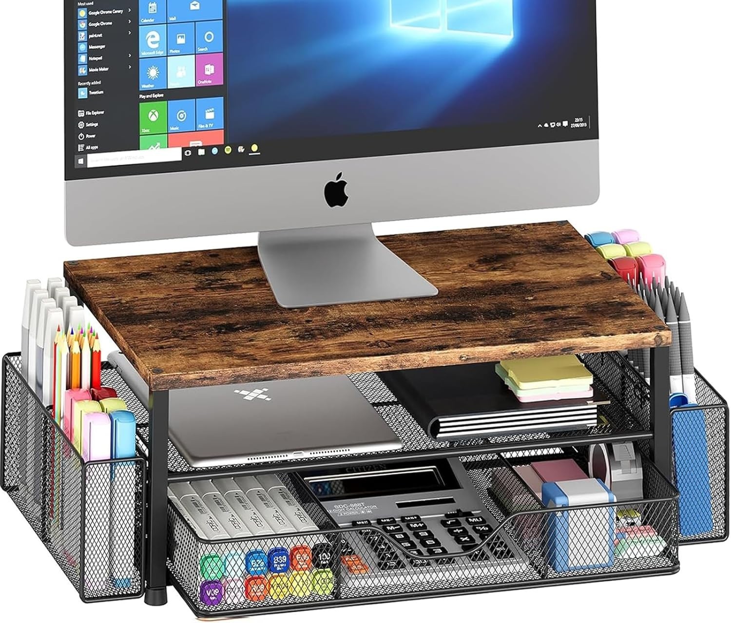 Wood Desk Organizer 2-Tier Computer Monitor Stand Riser Drawer Pen Holders