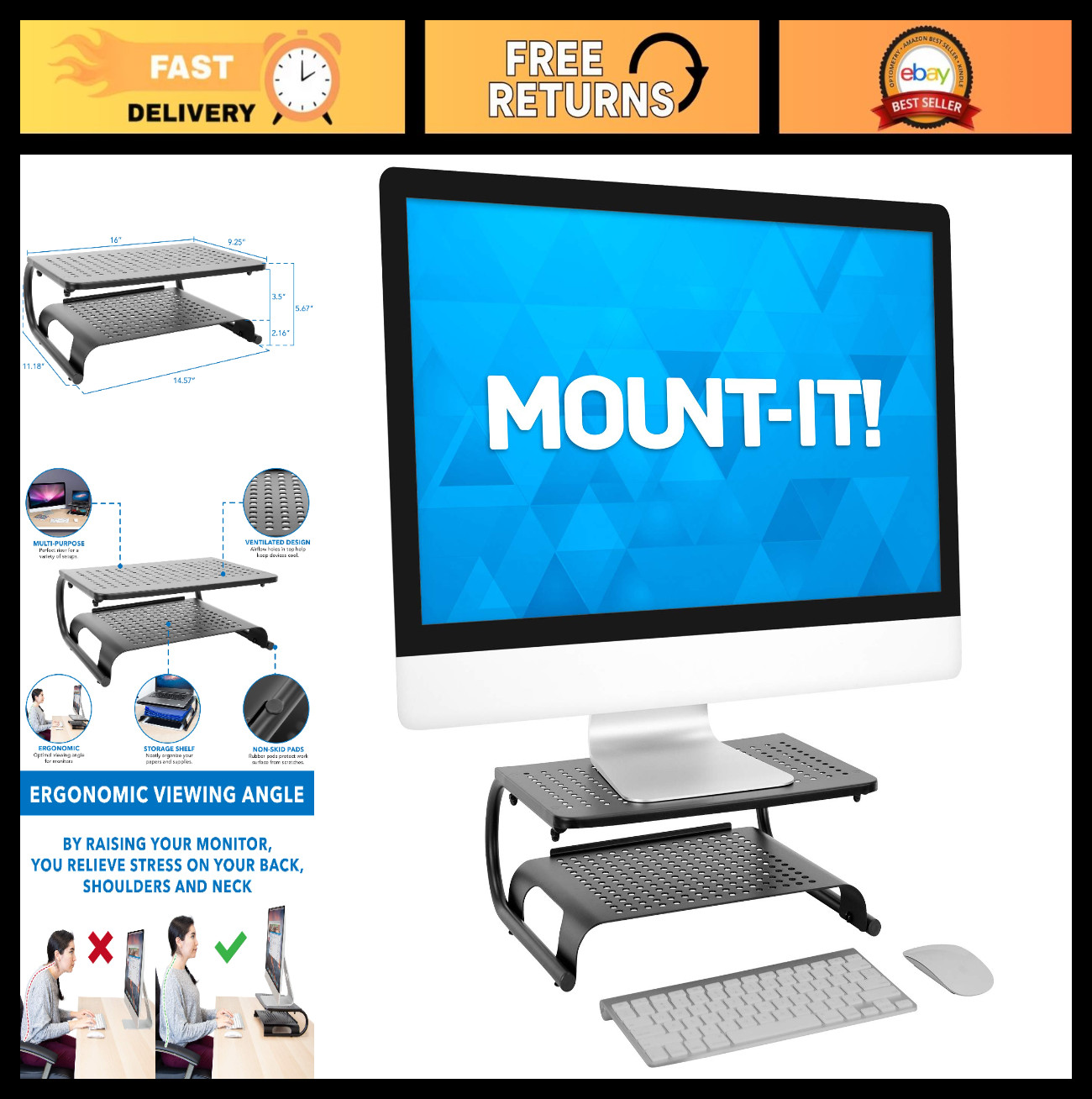2 Tier Desk Organizer Riser | Computer Monitor Stand with Keyboard Storage Shelf