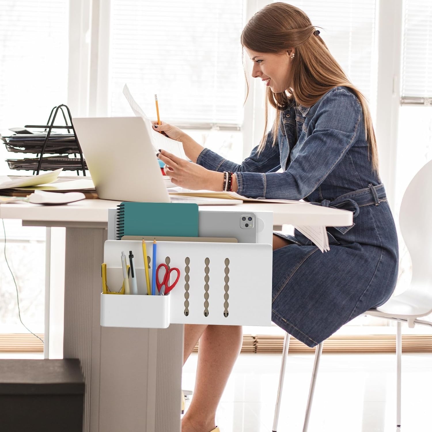 Desk Side Storage, Single-Layer Steel Hanging Desk Organizer with Pen Holder