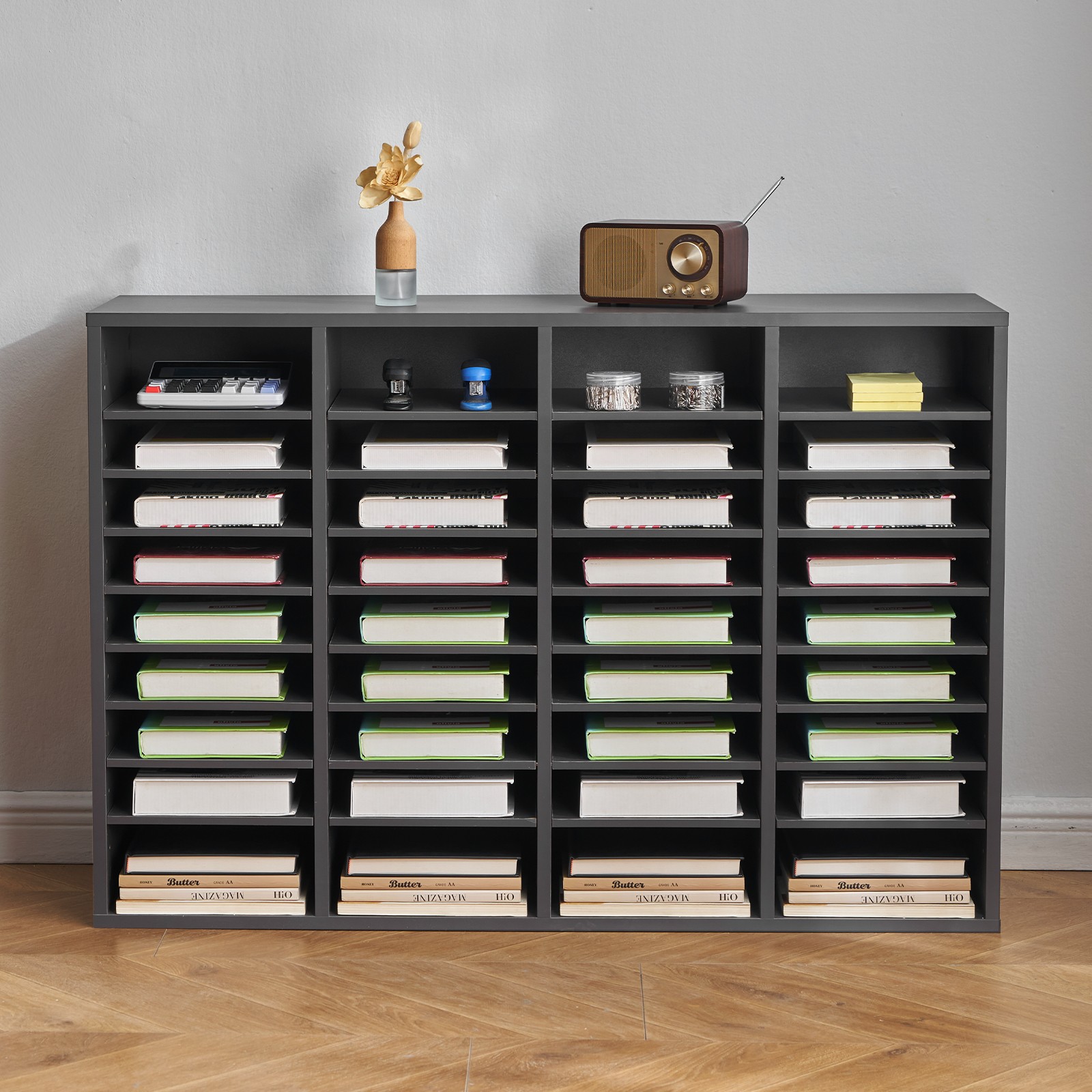 Uimoso Wooden Literature Organizer 36 Compartments with Adjustable Shelves Grey