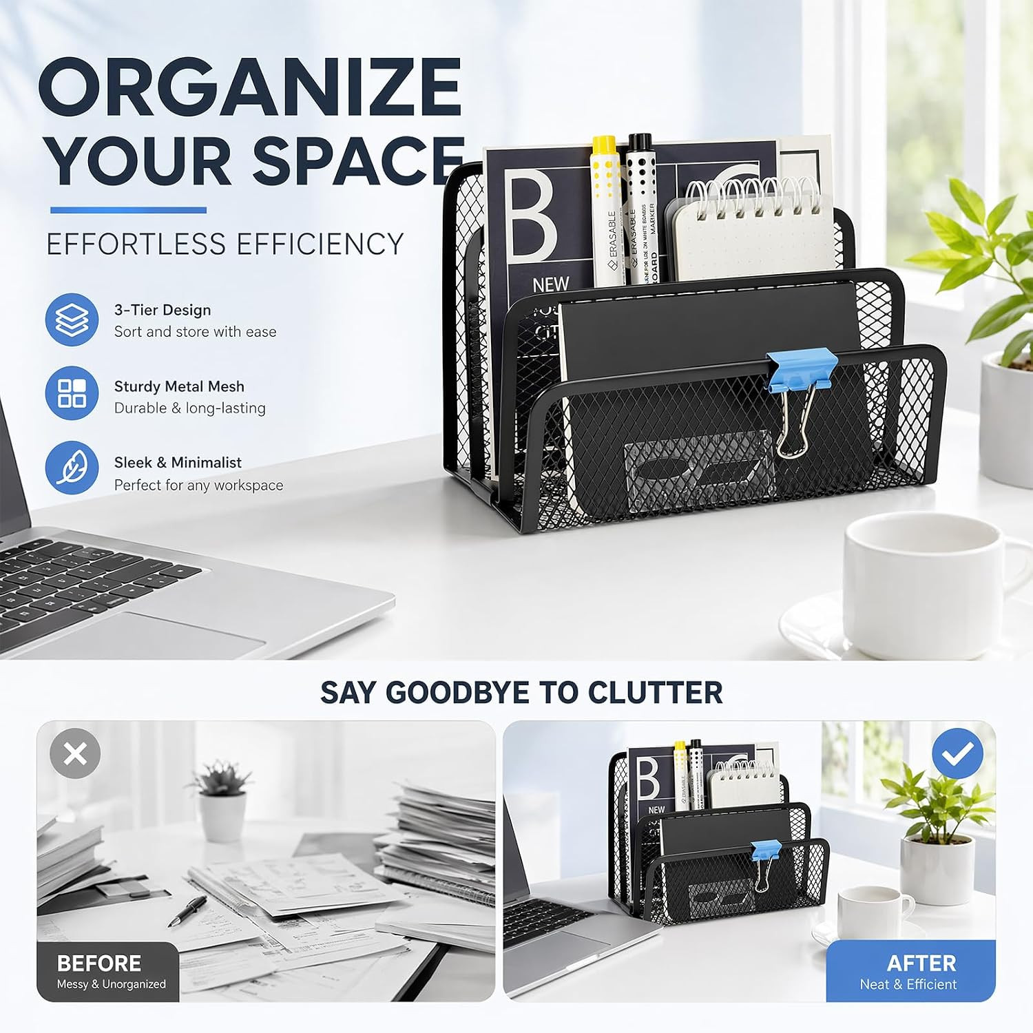 2Pcs Mail Organizer for Desk, 3-Slot Mesh Metal Mail Holder Countertop, Letter H