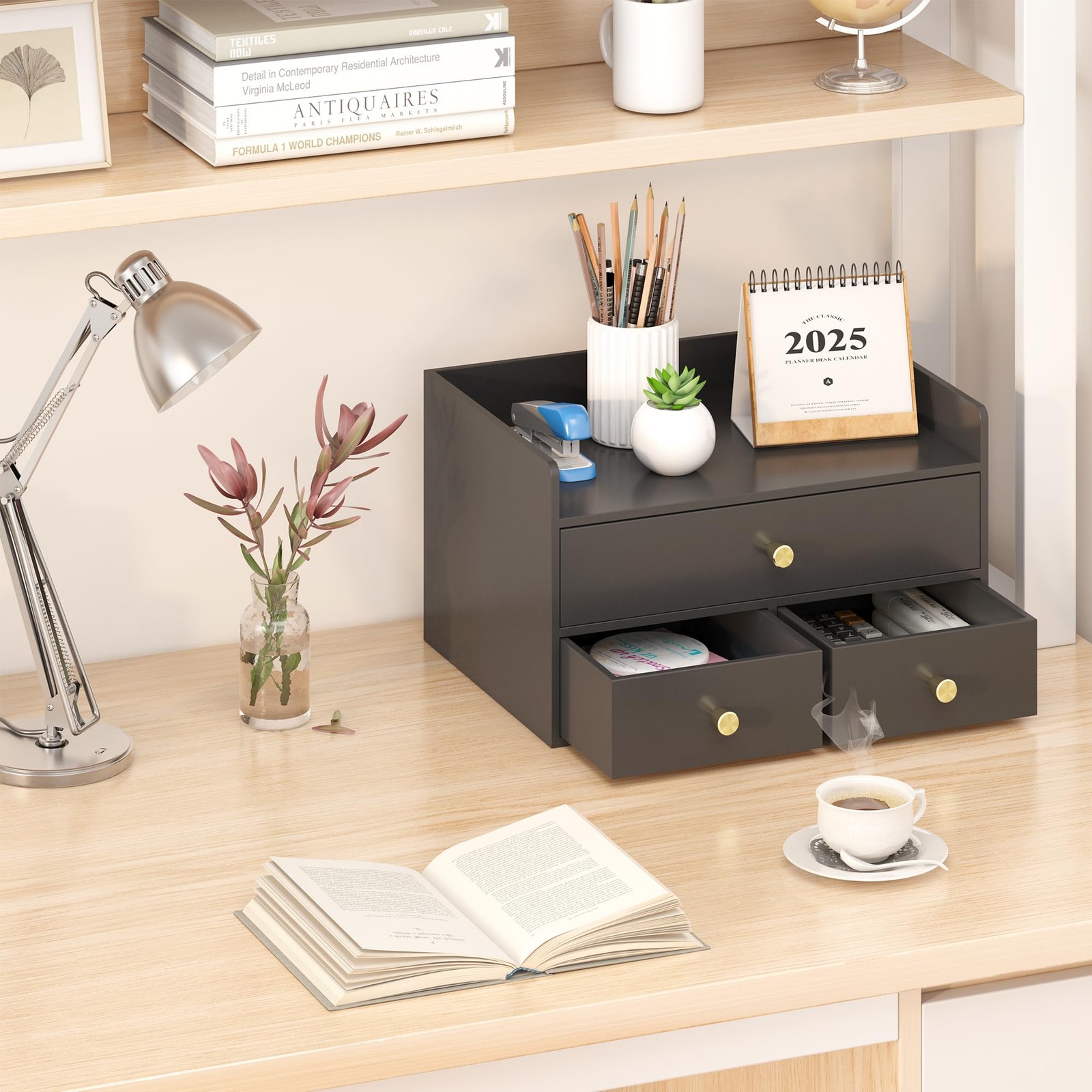 Bamboo Desk Organizer with Drawers Wooden Desktop Storage Black 3