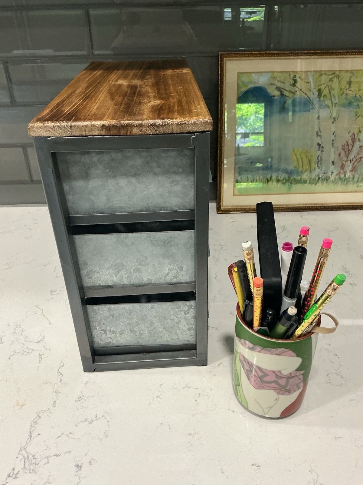 Cheung’s Desktop Galvanized 9 Drawer Vertical Organizer w/ Label Scoop Wood Top