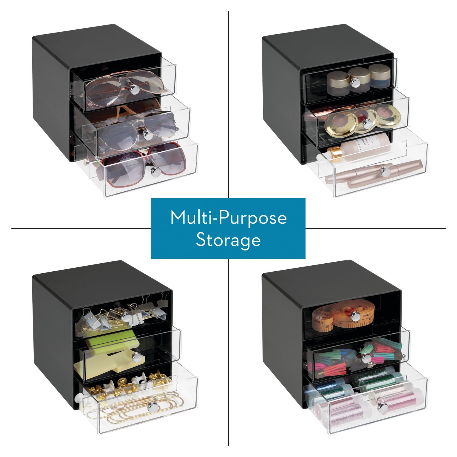 iDesign Divided 3-Drawer Stackable 7 inches x 7 x 7 inches, Black